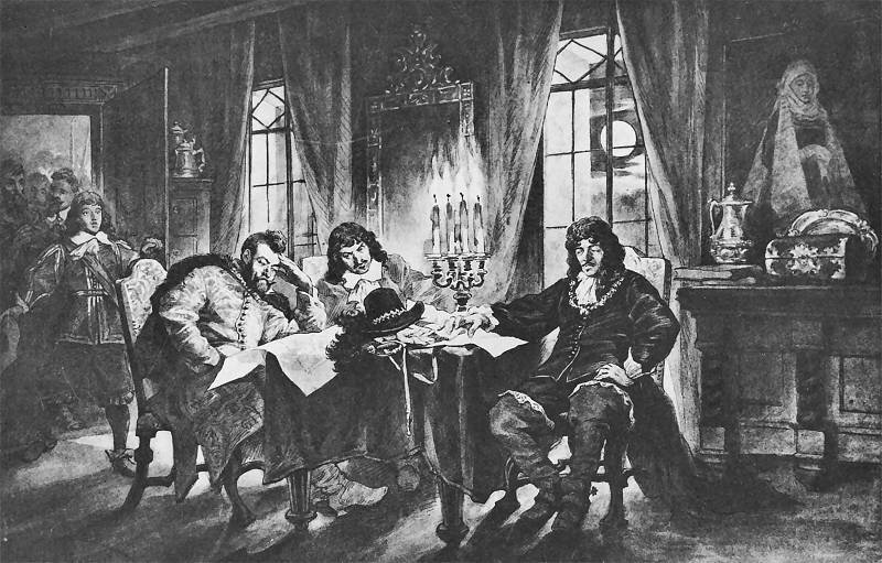 Czarno‑biały rysunek przedstawia scenę rozgrywającą się w sali we dworze. W centrum znajduje się stolik, na którym stoi świecznik i leży kapelusz. Przy stoliku siedzi kanclerz Ossoliński, który opiera głowę na dłoni. Obok niego znajduje się Radziejowski, naprzeciwko siedzi król. Ten jedną rękę trzyma na stole, a drugą na nodze. Wszyscy trzej są zamyśleni. Naprzeciwko stolika znajdują się dwa duże okna, w których wiszą zasłony. Po prawej stronie znajduje się kominek, na którym stoi pozytywka tancerki. W drzwiach po lewej stronie szlachcic wprowadza Skrzetuskiego.  