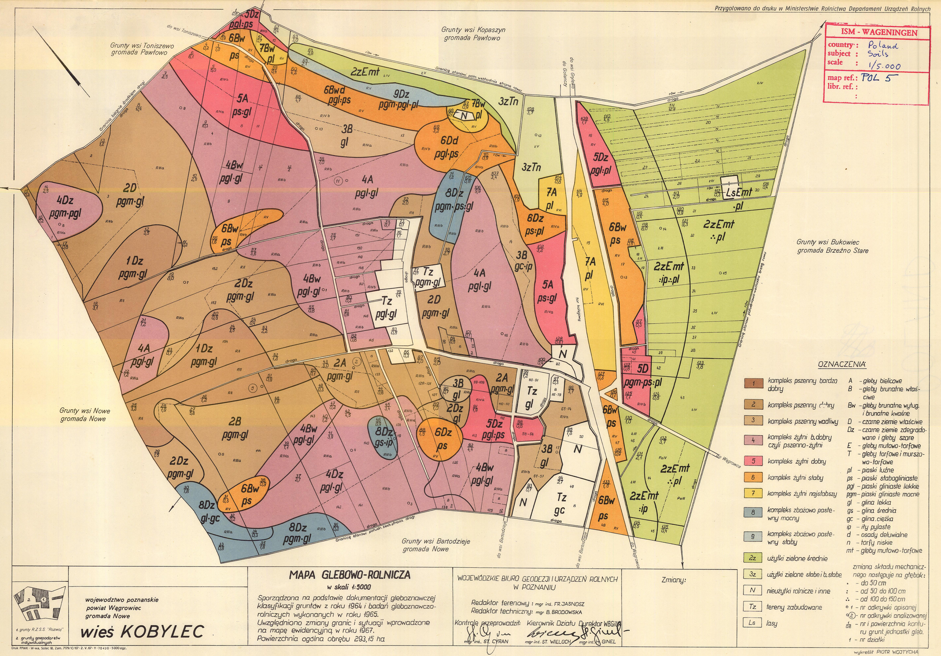 Ilustracja przedstawia przykład mapy glebowo-rolniczej we wsi Kobylec w województwie poznańskim. Różnymi kolorami różnymi kolorami oznaczono różne obszary ziemne takie jak: kompleks pszenny bardzo dobry, dobry, wadliwy, żytni b. dobry czyli pszenno-żytni, żytni dobry, słaby, najsłabszy, zbożowo pastewny słaby, użytki zielone średnie, słabe i b. słabe, nieużytki rolnicze i inne, tereny zabudowane, lasy.
