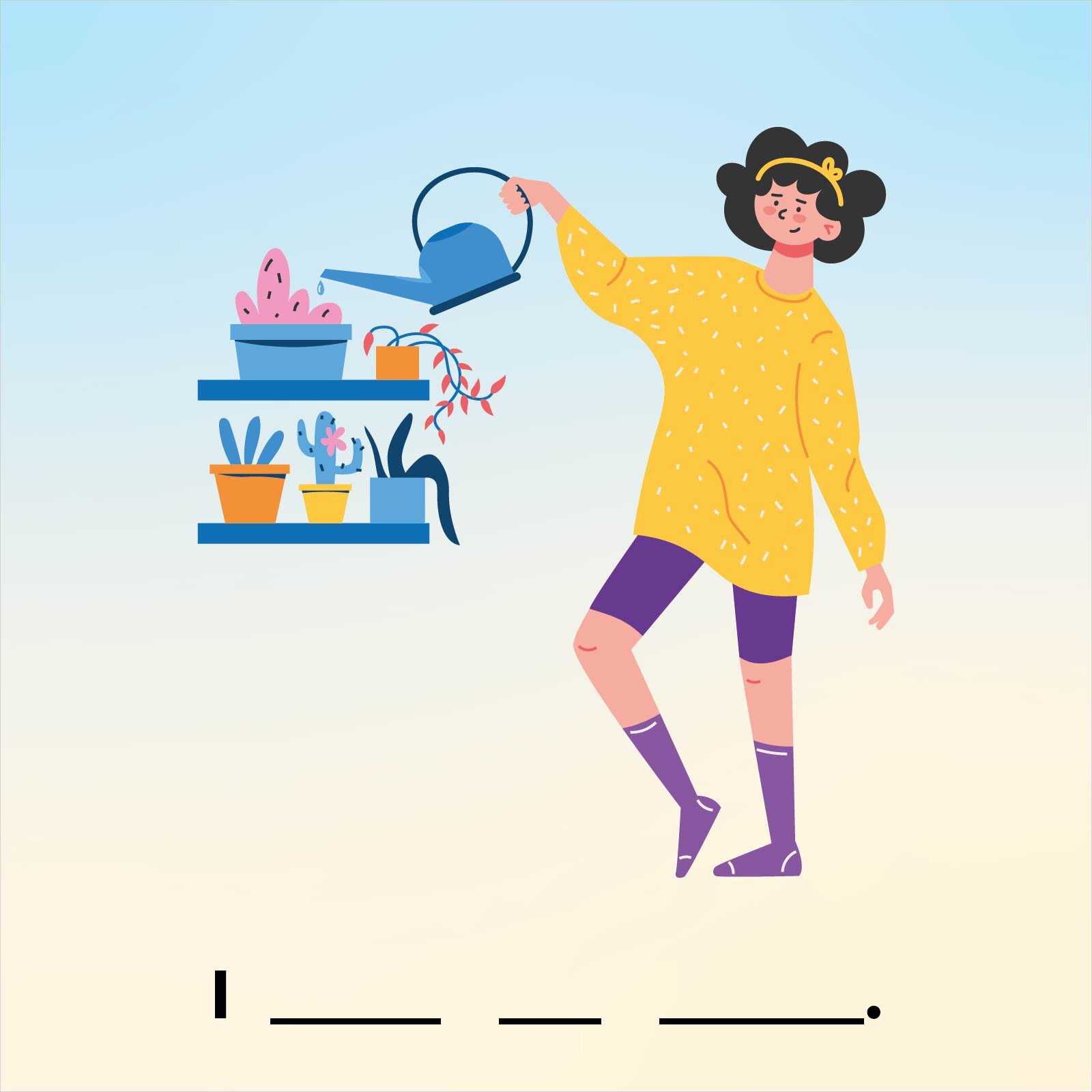 Ilustracja przedstawia kobietę w żółtym swetrze, która podlewa kiaty na półkach wodą z konewki. Poniżej znajduje się zdanie do uzupełnienia, rozpoczynające się od angielskiego słowa  I, po którym następują trzy kreseczki do uzupełnienia trzech brakujących słów, oraz kropka kończąca zdanie.