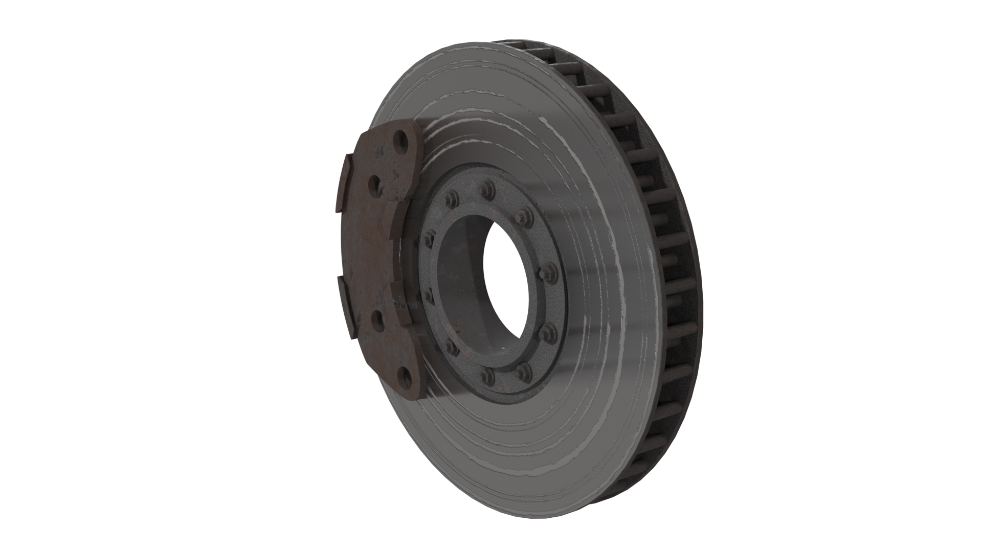 Ilustracja przedstawia uszkodzenia par ciernych hamulca tarczowego. Na tarczy hamulcowej są wyraźnie widoczne rysy, wynika to z tarcia na powierzchni tarczy za pomocą uszkodzonego elementu na przykład przez zamki mocujące okładziny cierne.