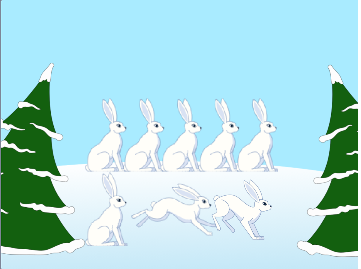 Rysunek przedstawia dwie choinki pokryte śniegiem pomiędzy którymi są dwa rzędy zajęcy. W pierwszym rzędzie jest pięć siedzących zajęcy, w drugim rzędzie jeden siedzący i dwa skaczące.