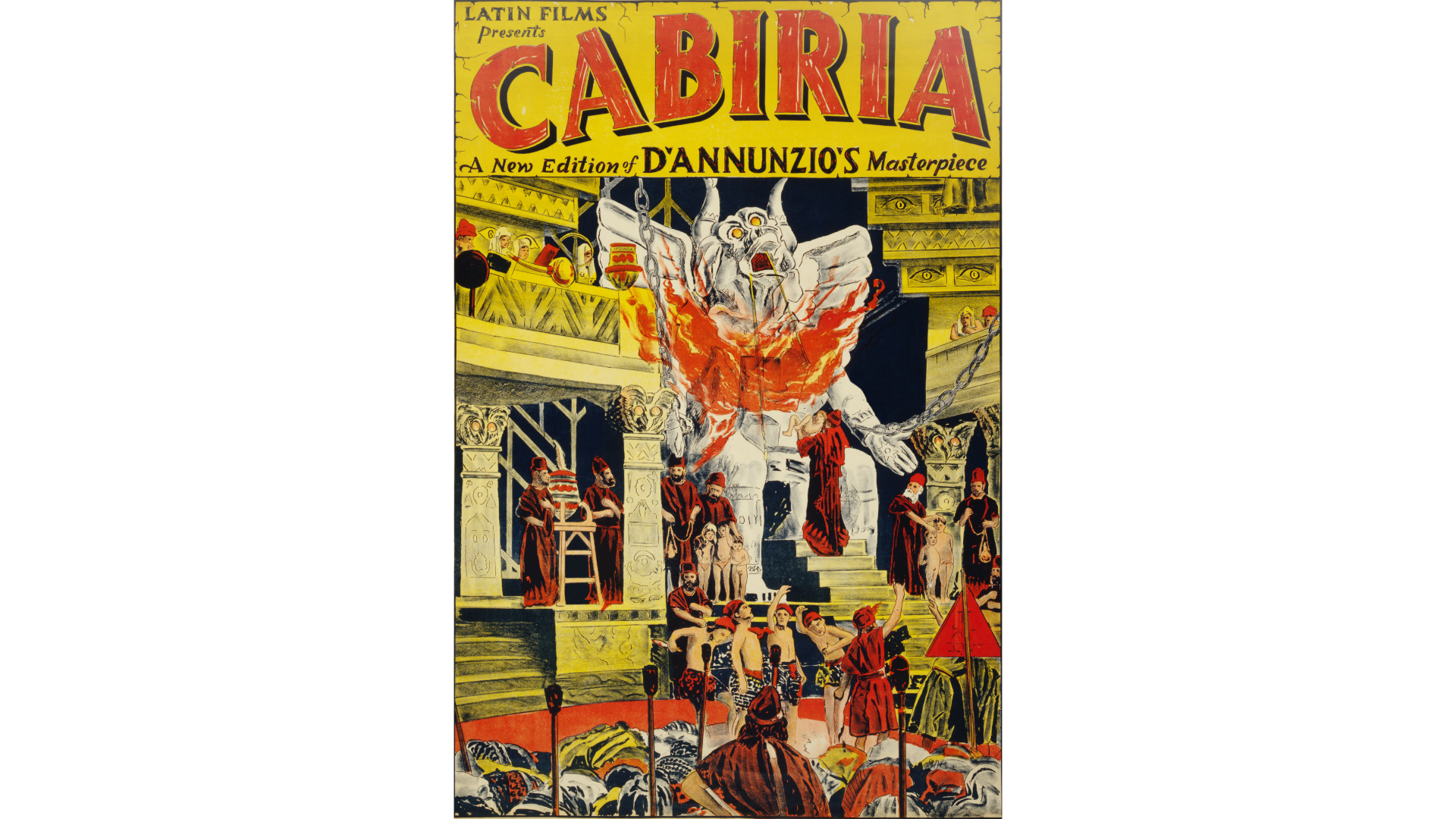 Ilustracja przedstawia plakat do filmu Cabiria Giovanniego Pastrone. Na plakacie znajduje się ogromy stwór przykuty łańcuchami. Przed nim widoczni są ludzie. Na górze plakatu widnieje tytuł filmu.