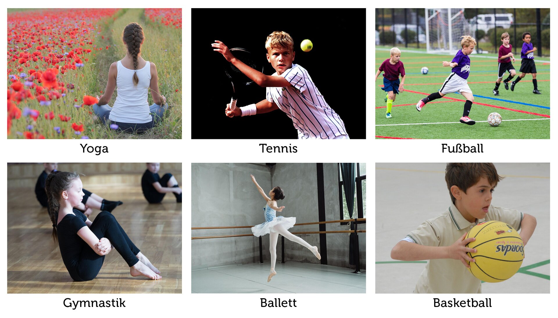 Ilustracja przedstawia dzieci uprawiające różne sporty. Ilustracje są podpisane kolejno. Yoga, Tennis, Fussball, Gymnastik, Ballett, Basketball.