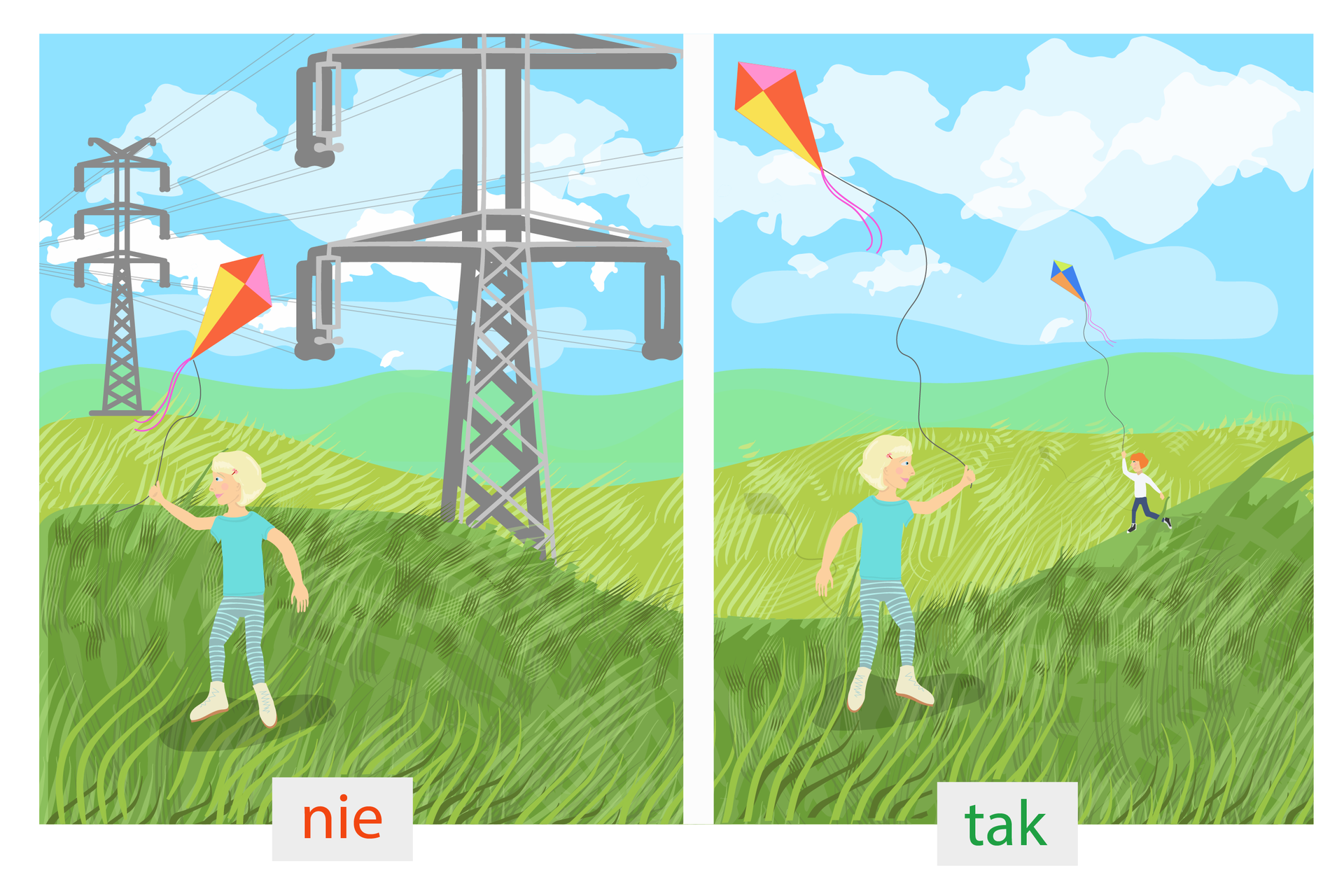 Czwarty rysunek: po lewej stronie dzieci puszczają latawce pod linią wysokiego napięcia. Po prawej stronie dzieci puszczają latawce na polanie.