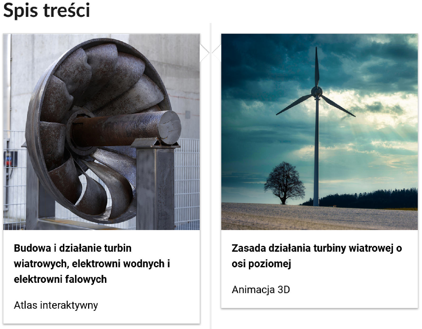 Grafika przedstawia dwa kafelki ze spisu treści. Są umiejscowione obok siebie. Pierwszy od lewej: Zdjęcie okładkowe, poniżej napis: Bodowa i działanie turbin wiatrowych, elektrowni wodnych i elektrowni falowych. Niżej napis: Atlas interaktywny. Drugi: zdjęcie okładkowe, poniżej tytuł. Zasada działania turbiny wiatrowej o osi poziomej. Niżej: Animacja 3D.