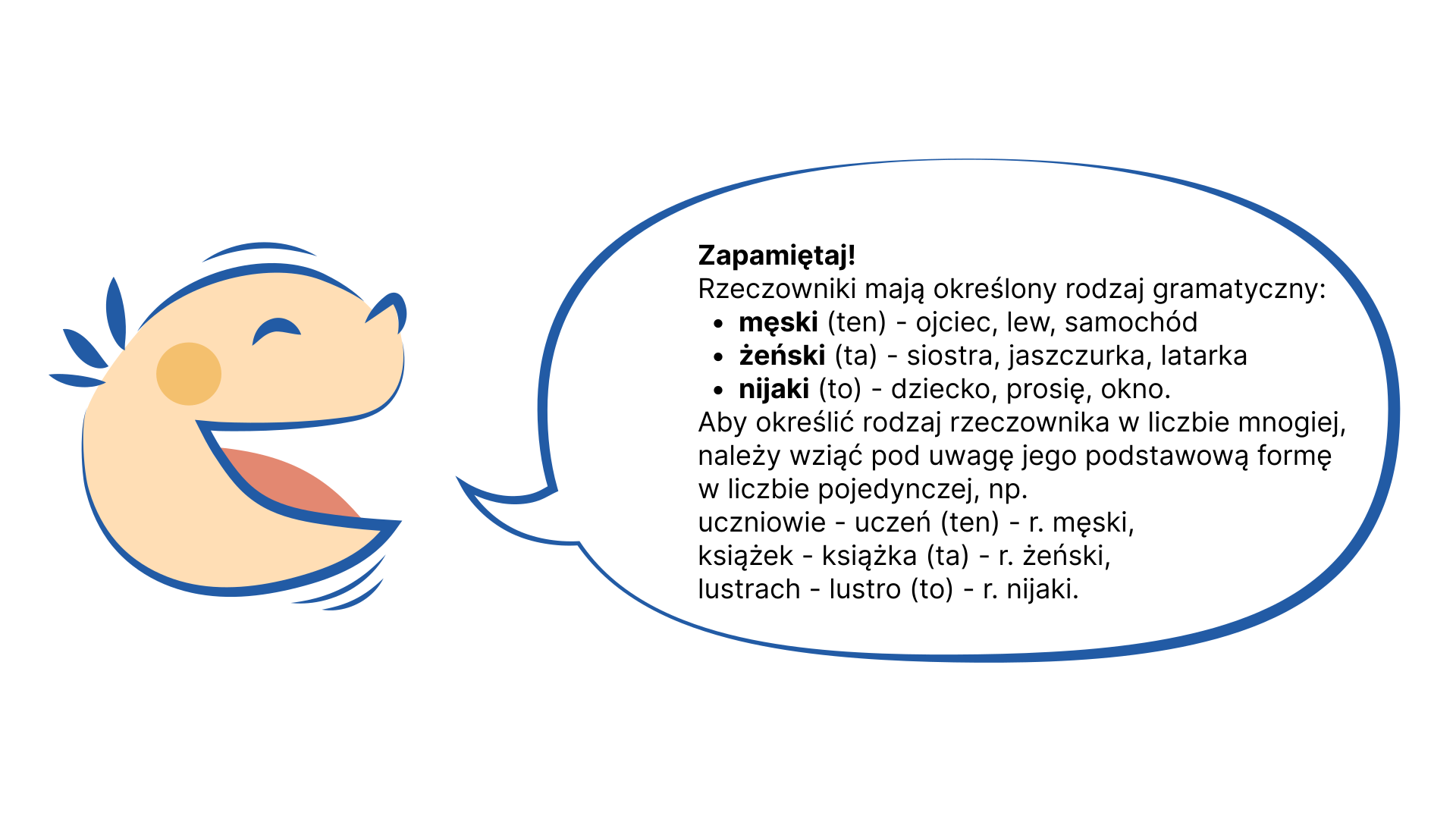Grafika przedstawia uśmiechniętą, dziecięcą twarz, z której ust wydobywa się dymek. NAPIS: Zapamiętaj!
Rzeczowniki mają określony rodzaj gramatyczny: męski (ten) – ojciec, lew, samochód; żeński (ta) – siostra, jaszczurka, latarka; nijaki (to) – dziecko, prosię, okno. Aby określić rodzaj rzeczownika w liczbie mnogiej, należy wziąć pod uwagę jego podstawową formę w liczbie pojedynczej, np. uczniowie - uczeń (ten) – rodzaj męski, książek - książka (ta) – rodzaj żeński, lustrach – lustro (to) – rodzaj nijaki.
