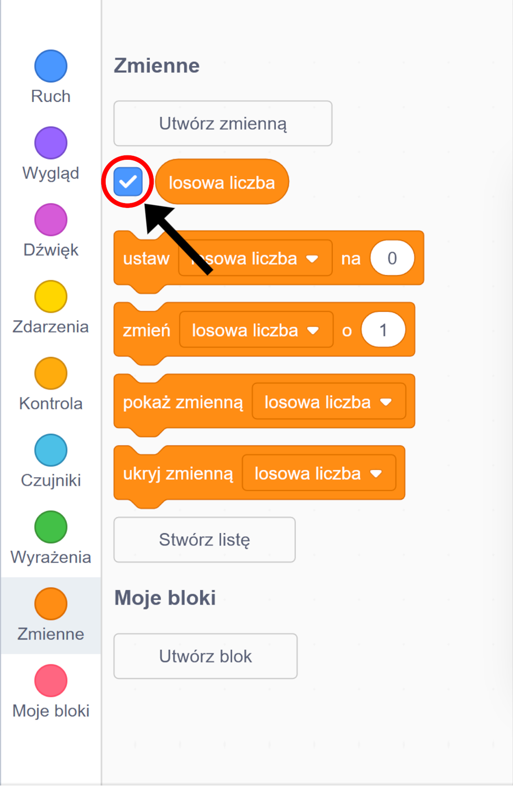 Zrzut ekranu przedstawiający wycinek okna programu Scratch. Wyróżniono opcję, która pozwala pokazywać na ekranie aktualną wartość danej zmiennej. Znajduje się ona w zakładce "Zmienne". Każda zmienna ma po swojej lewej stronie kwadratowe okienko, które należy zaznaczyć, jeżeli chce się włączyć podgląd aktualnej wartości zmiennej podczas trwania programu.