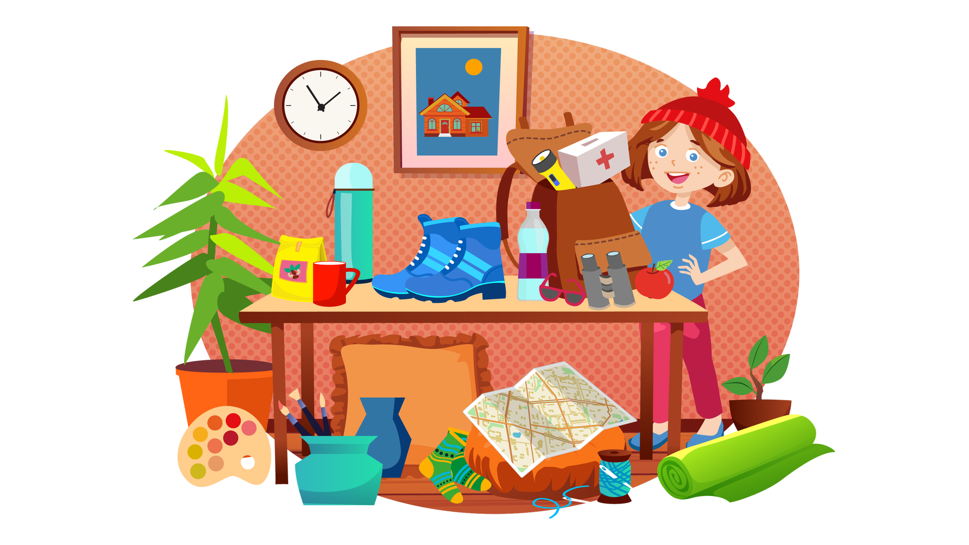 Ilustracja przedstawia pokój w domu Franka i Mai. W tle widać pomarańczową ścianę w kropki, na środku której wisi obrazek w brązowej ramce. Obrazek przedstawia dom jednorodzinny na granatowym tle. Nad domem, po prawej stronie, świeci pomarańczowe słońce. Na lewo od obrazka wisi okrągły brązowy zegar ze wskazówkami. Na środku pomieszczenia stoi prostokątny brązowy stół. Na stole znajdują się różne przedmioty. Od lewej są to: żółte opakowanie orzechów, czerwony kubek, turkusowy termos, niebieskie buty do wędrówki po górach, butelka wody, okulary przeciwsłoneczne w czerwonych oprawkach, szara lornetka, czerwone jabłko i duży brązowy plecak, z którego wystaje żółto‑czarna latarka i biała apteczka z czerwonym krzyżem na środku. Wiele przedmiotów znajduje również na drewnianej podłodze, obok stołu i pod nim. Od lewej strony ekranu są to: duża zielona roślina w pomarańczowej donicy, jasnobrązowa paleta z kolorowymi farbami, trzy pędzle w turkusowym wazonie, pusty granatowy wazon, jasnobrązowa poduszka, para kolorowych skarpet, pomarańczowa poduszka, na której leży mapa, fragment turkusowej nici nawleczony na igłę, brązowa szpulka z turkusową nicią i wbitą w nią drugą igłą, jasnozielony koc zwinięty w rulon oraz zielona roślina w ciemnobrązowej donicy. Po prawej stronie ilustracji, obok stołu, stoi Maja. Jest ubrana w niebieską koszulkę z krótkimi błękitnymi rękawami, długie ciemnoróżowe spodnie, czerwoną czapkę z pomponem i ciemnoniebieskie buty. Opiera ręce na biodrach i szeroko się uśmiecha.