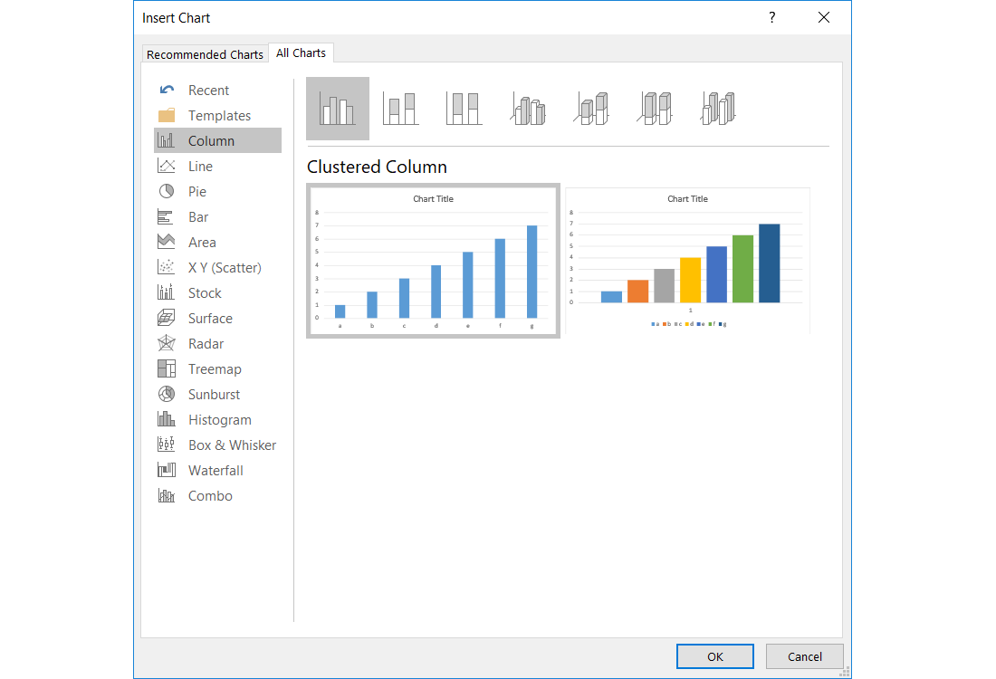 Zrzut ekranu przedstawia formatkę dodawania wykresy w MS Excel. Po lewej stronie lista dostępnych typów wykresów: Column, Line, Pie, Bar, Area, XY (Scater), Stock, Surface, Radar, Treemap, Sunburst, Histogram, Box &amp; Whisker, Waterfall. Combo. Po prawej podgląd wybranego typu w przykładzie dwa wykresy kolumnowe.