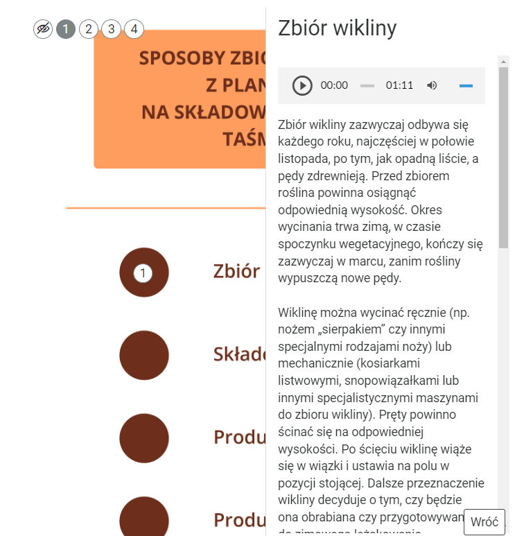 Przykładowy wygląd wyświetlania opisów umieszczonych pod znacznikami. Po prawej stronie grafiki widać okno z opisem. W górnej części opisu znajduje się odtwarzacz audio, umożliwiający odsłuchanie opisu.