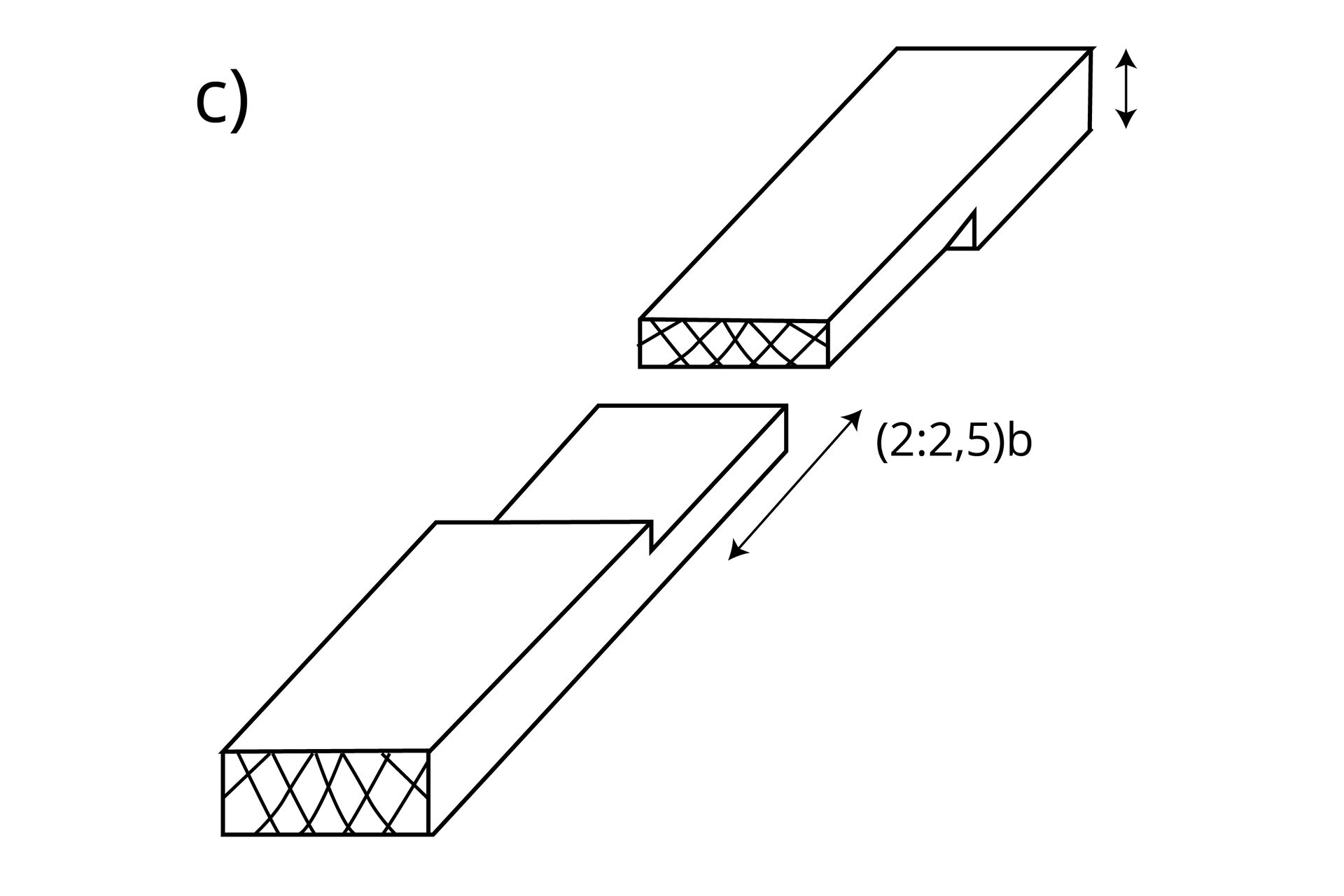 Rysunek ukazuje złącze zakładkowe ścięte. Zakładki w jednym końcu są cieńsze, a w drugim grubsze. Miejsce łączenia przebiega pod kątem względem płaszczyzny bocznej.