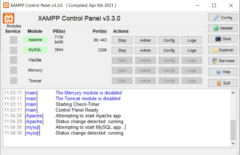 Ilustracja przedstawia XAMPP Control Panel w systemie Windows. W panelu na zielono podświetlono Apache, MySQL. Obok przyciski Stop, Admin, Config, Logs. W dolnej części okna dalsze informacje typu: [Apache]. Attempting to start Apache app... [Apache] Status change detected: running.   