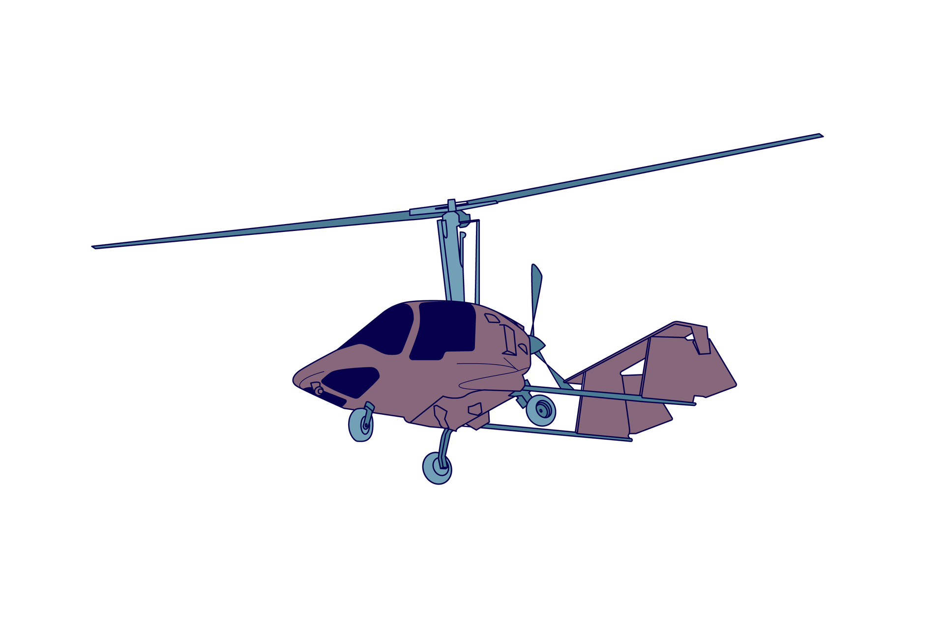 Ilustracja przedstawia przykład wiatrakowca. Posiada on niewielki kokpit z trzema kołami zamocowanymi pod nim oraz z ogonem w postaci szerokiego spoilera. Na górze znajduje się duże śmigło o dwóch łopatach, a drugie mniejsze śmigło o trzech łopatach jest na tyle kokpitu.