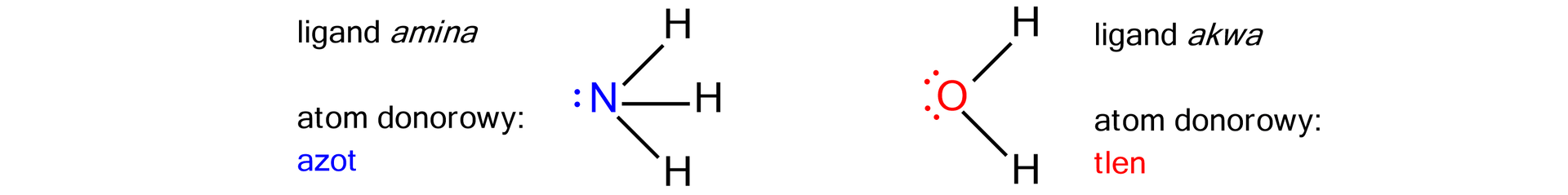 Ilustracja przedstawia ligand amina i ligand akwa. Ligand amina: atom donorowy - azot, wzór atom azotu z jedną parą elektronów łączy się z prawej strony wiązaniami pojedynczymi z trzema atomami wodoru. Ligand akwa: atom donorowy - tlen, wzór atom tlenu z dwiema parami elektronów łączy się wiązaniami pojedynczymi z dwoma atomami wodoru.  
