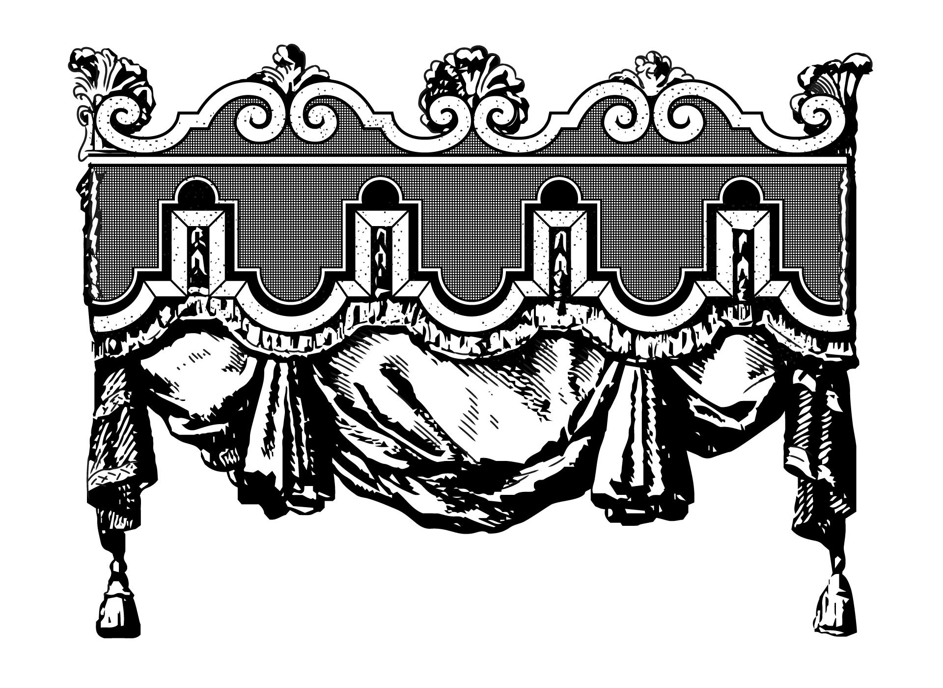 Ilustracja przedstawia element dekoracyjny. Na górze znajduje się pas wycięty w zęby, z powtarzającymi się wypukłościami i wklęśnięciami, którego na samej górze wieńczy zawijany element. Z górnego pasa zwisa krótka zasłona.