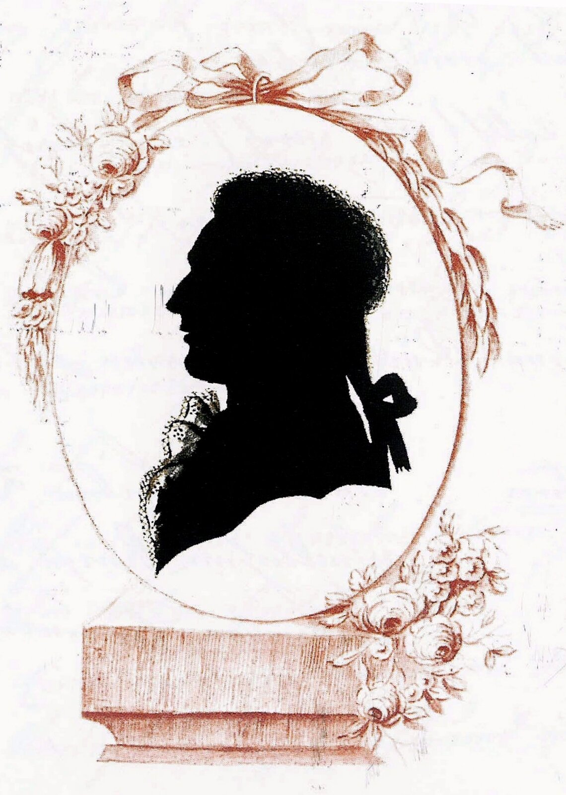 Ilustracja przedstawiająca dzieło nieznanego autora pt. „Sylwetka Ferdynanda Ernsta von Waldsteina [czytaj: ferdynanda ernsta fon waldsztajna]”. Ilustracja przedstawia portret mężczyzny w stroju z XVIII wieku, wykonany metodą  silhouette  [czytaj: siluet]. Mężczyzna jest ukazany z profilu, ma włosy związane w harcap (warkocz noszony przez mężczyzn w XVIII wieku), koszulę z koronkowym żabotem. Portret znajduje się w ozdobnej, owalnej ramie i wygląda tak, jakby stał na postumencie. Na górze ramy powiewająca kokarda, z boków pęki róż.