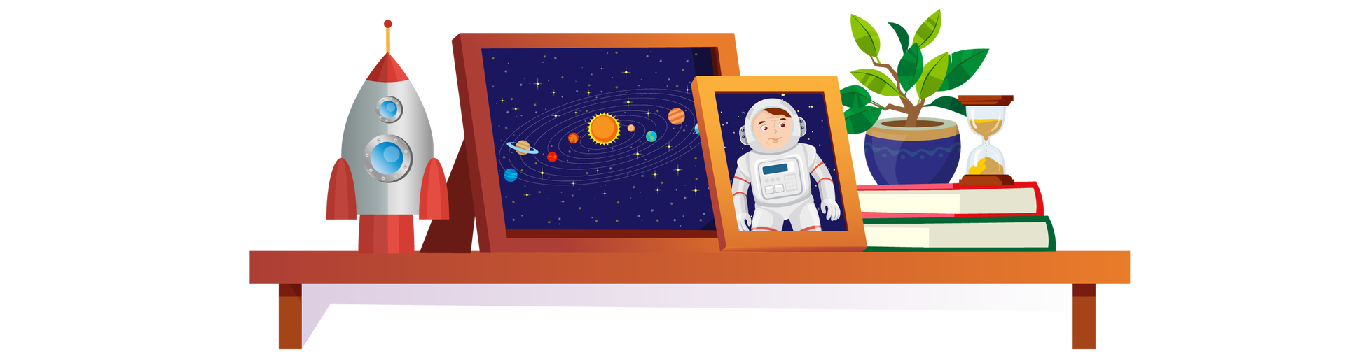 Ilustracja przedstawia brązową półkę, na której znajduje się kilka przedmiotów. Po lewej stronie stoi srebrno‑czerwona miniatura rakiety z dwoma okrągłymi oknami. Jest ona podłużna, zwężająca się ku górze. W dolnej części posiada silniki. Dalej na prawo są dwa obrazki w brązowych ramkach. Pierwszy obrazek przedstawia Układ Słoneczny na rozgwieżdżonym granatowym tle. Widać Słońce oraz otaczające je planety. Drugi obrazek przedstawia astronautę w skafandrze. Jest to specjalny biały strój zakrywający całe ciało, z przeszklonym hełmem osłaniającym głowę. Tło również jest granatowe, widać drobne gwiazdy. Po prawej stronie półki są dwie książki ułożone jedna na drugiej. Pierwsza ma czerwoną okładkę, a druga ciemnozieloną. Na książkach stoi zielona roślina w granatowo‑brązowej donicy oraz klepsydra. Połowa piasku znajduje się w górnej części klepsydry, połowa w dolnej.