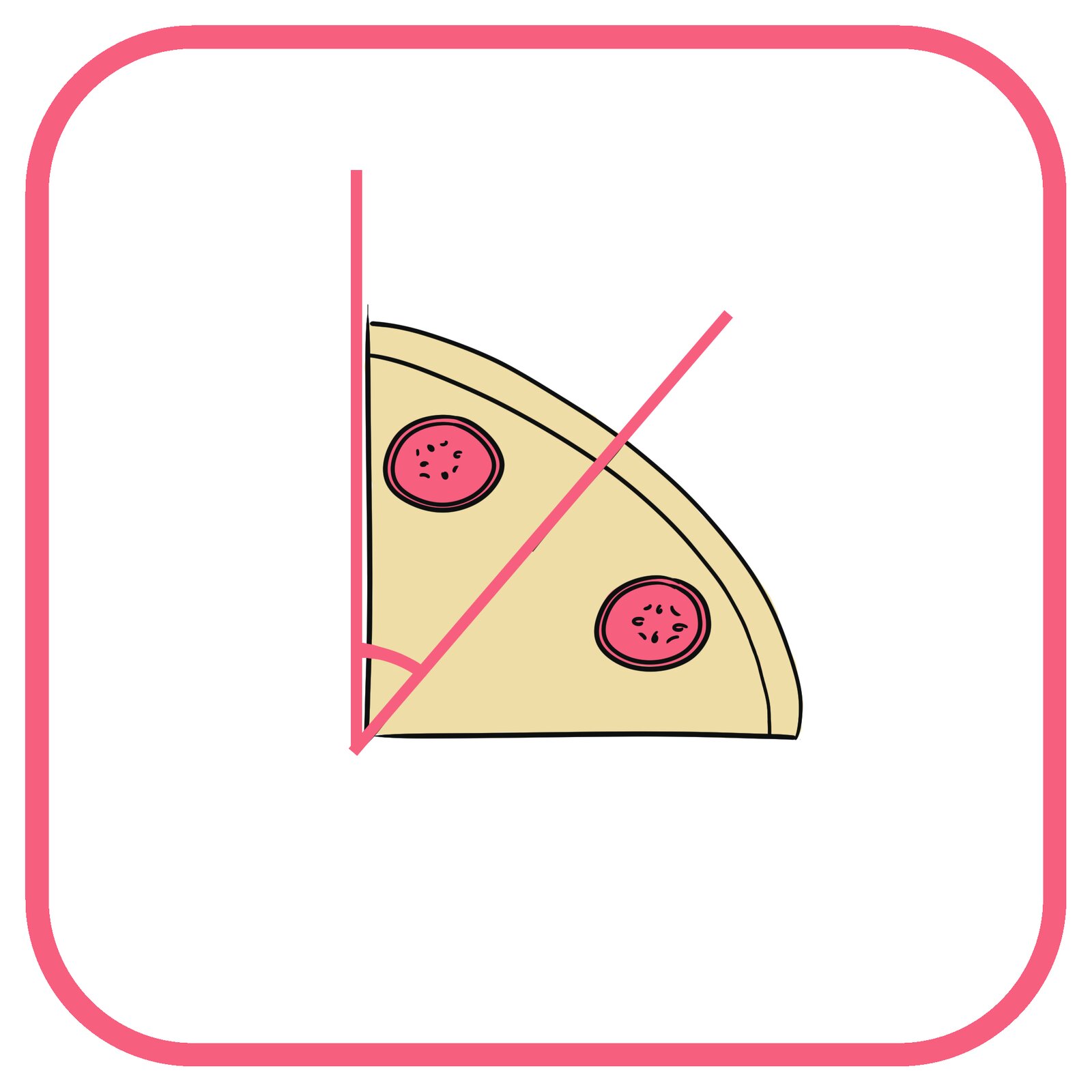 Rysunek kąta ostrego na kawałku pizzy z salami.