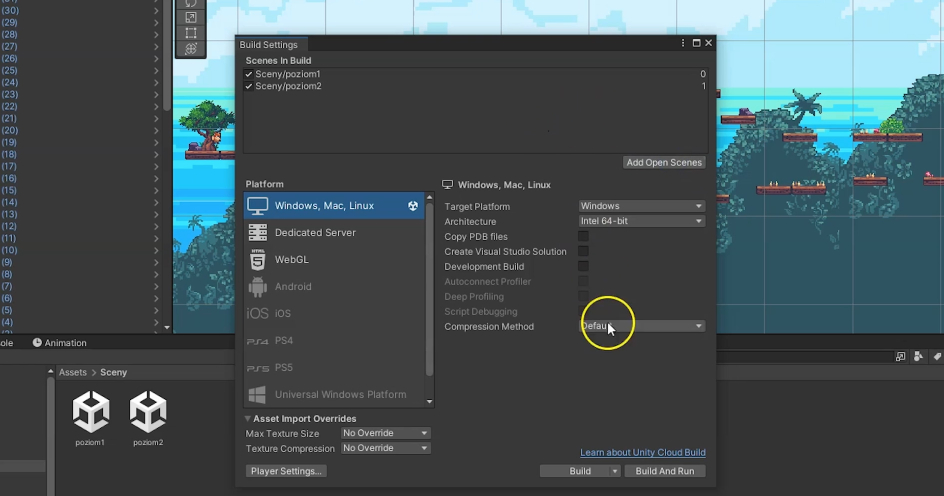 Na ilustracji widoczne jest okno programu do tworzenia gier. W tle widoczna jest gra z platformami do przeskakiwania. Tłem gry jest  las. Na tle gry widoczne jest otwarte okienko z ustawieniami do gry. Widoczna jest zakładka Build Setting .  Żółte kółko wraz ze wskaźnikiem myszy znajduje się na  opcji Defaut .