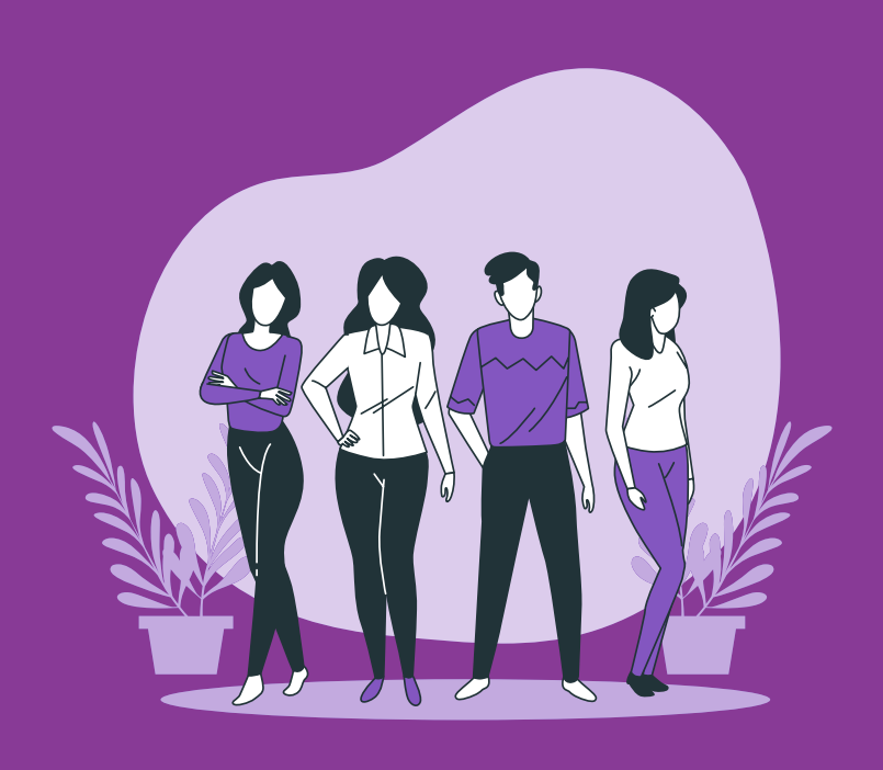 Ilustracja przedstawia dwie kobiety i dwóch mężczyzn. Przybierają różne pozy. Obok nich, po dwóch stronach stoją kwiaty doniczkowe. Tło jest koloru fioletowego.