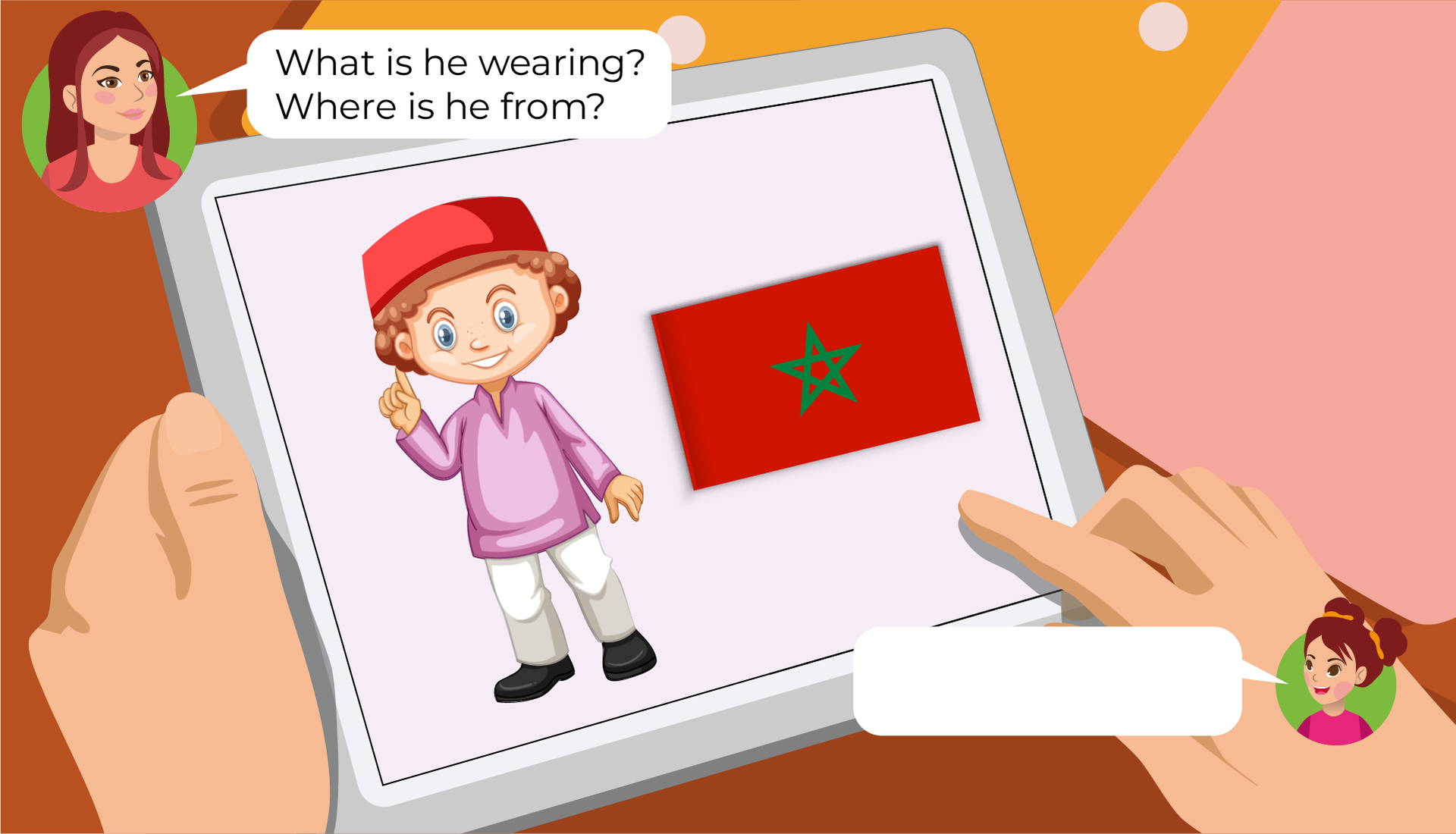Ilustracja przedstawia tablet trzymany w czyichś dłoniach. W kółeczkach po przeciwległych stronach znajdują się twarze dwóch osób. Mamy i dziewczynki o imieniu  Mia. Mama wypowiada słowa zawarte w chmurce:  What is he wearing? Where is he from? . Dziewczynka również wypowiada słowa, ale jej chmurka jest pusta. Na tablecie widzimy młodego chłopca w czerwonej czapeczce bez daszka i flagę Maroko. Jest ona czerwona, a na środku ma zieloną gwiazdę.