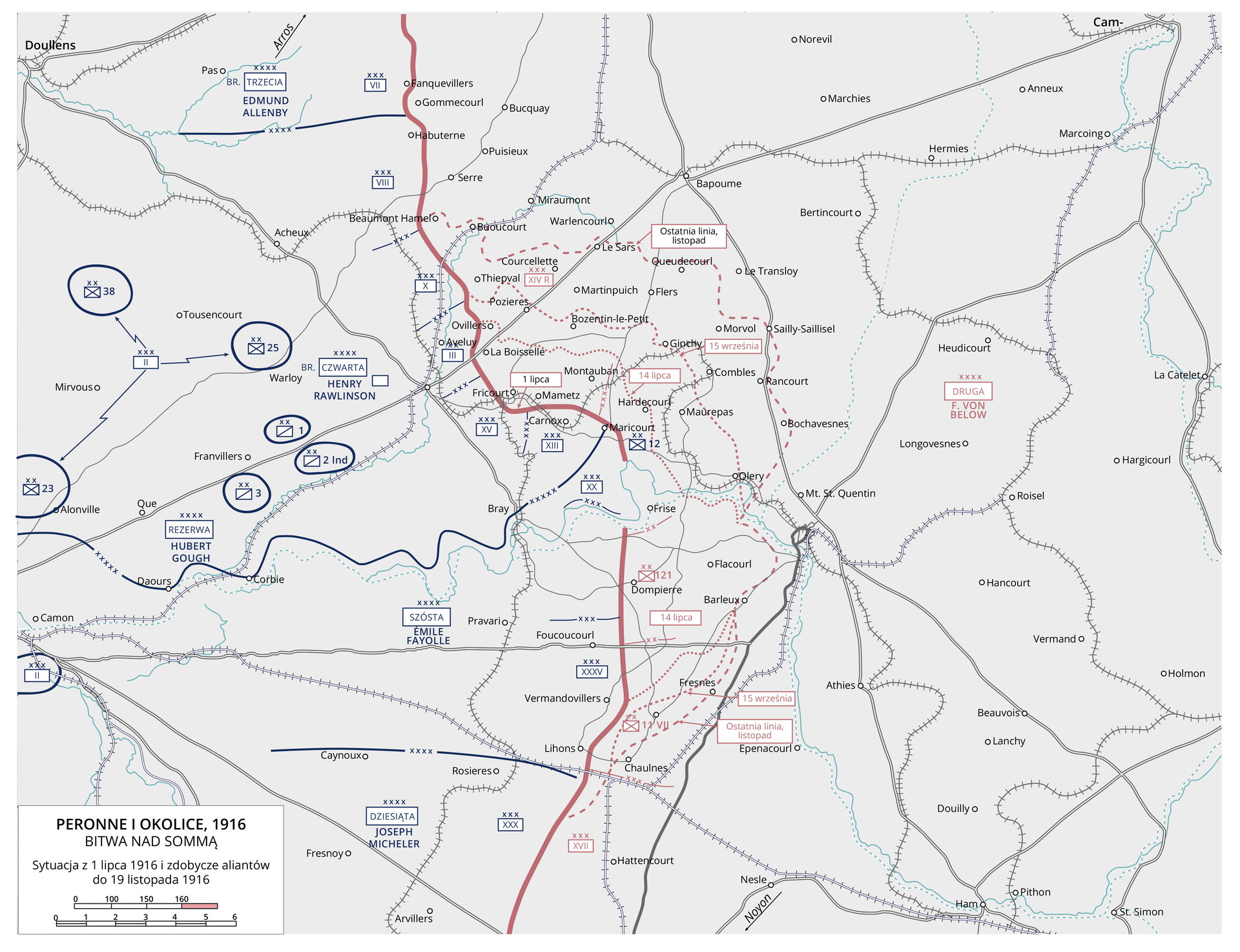  Mapa przedstawia Peronne i okolice 1916 rok. Bitwa pod Sommą. Sytuacja z 1 lipca 1916 roku i zdobycie aliantów do 19 listopada 1916 roku. 