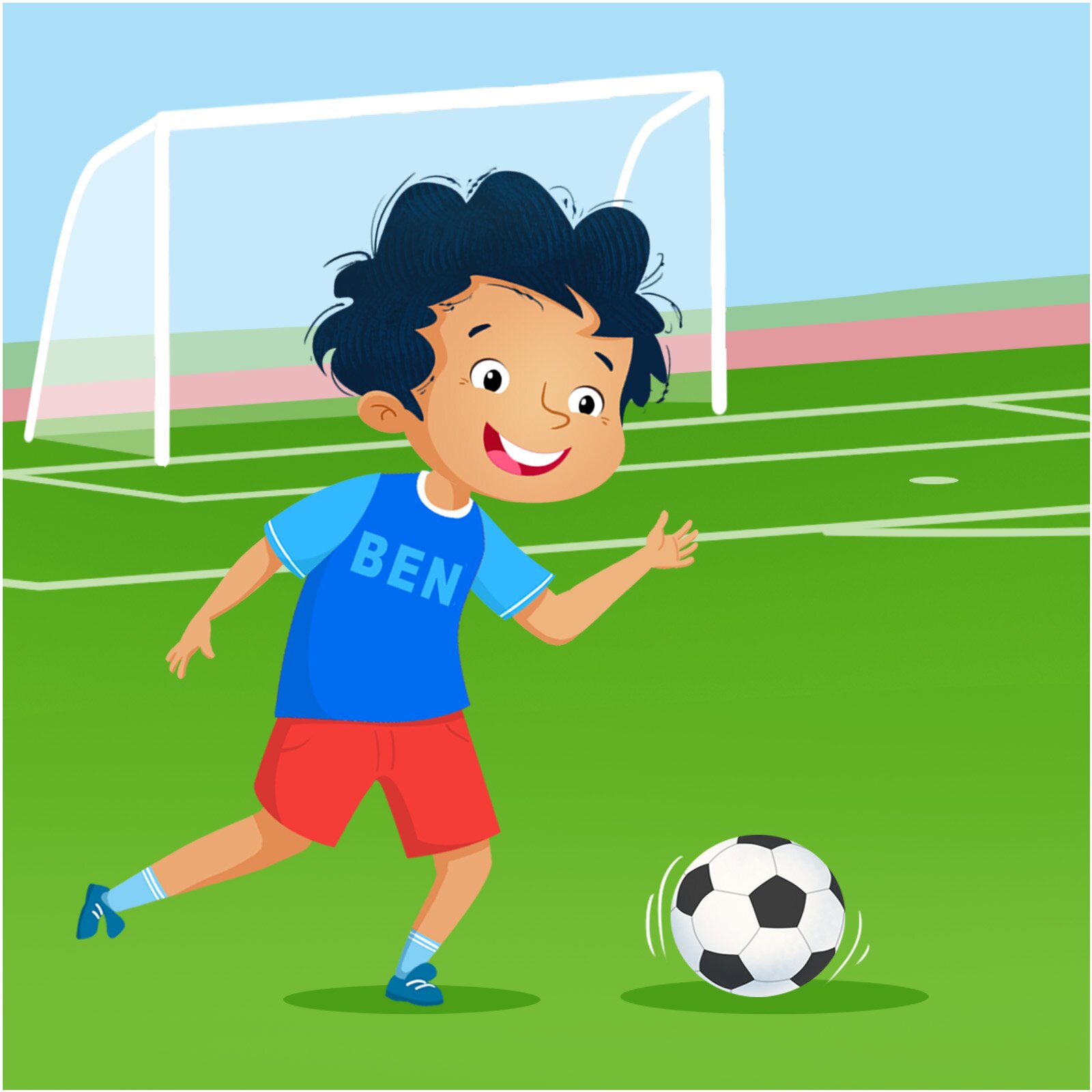 Ilustracja przedstawia chłopca, który gra w piłkę nożną.
