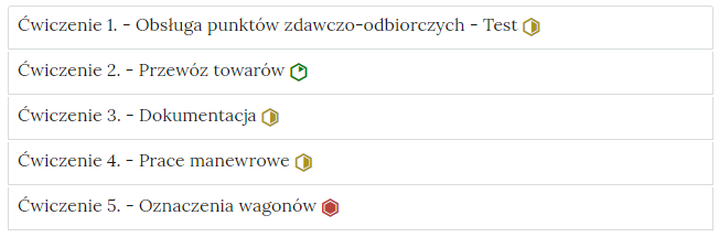 Grafika przedstawia wygląd zakładek z ćwiczeniami. Zakładki są poziomymi paskami. Każda posiada numer ćwiczenia i tytuł, który wskazuje, czego dotyczą zamieszczone w zakładce ćwiczenia. Przykład tekstu na pasku zakładki. Ćwiczenie 1 myślnik Test wielokrotnego wyboru.