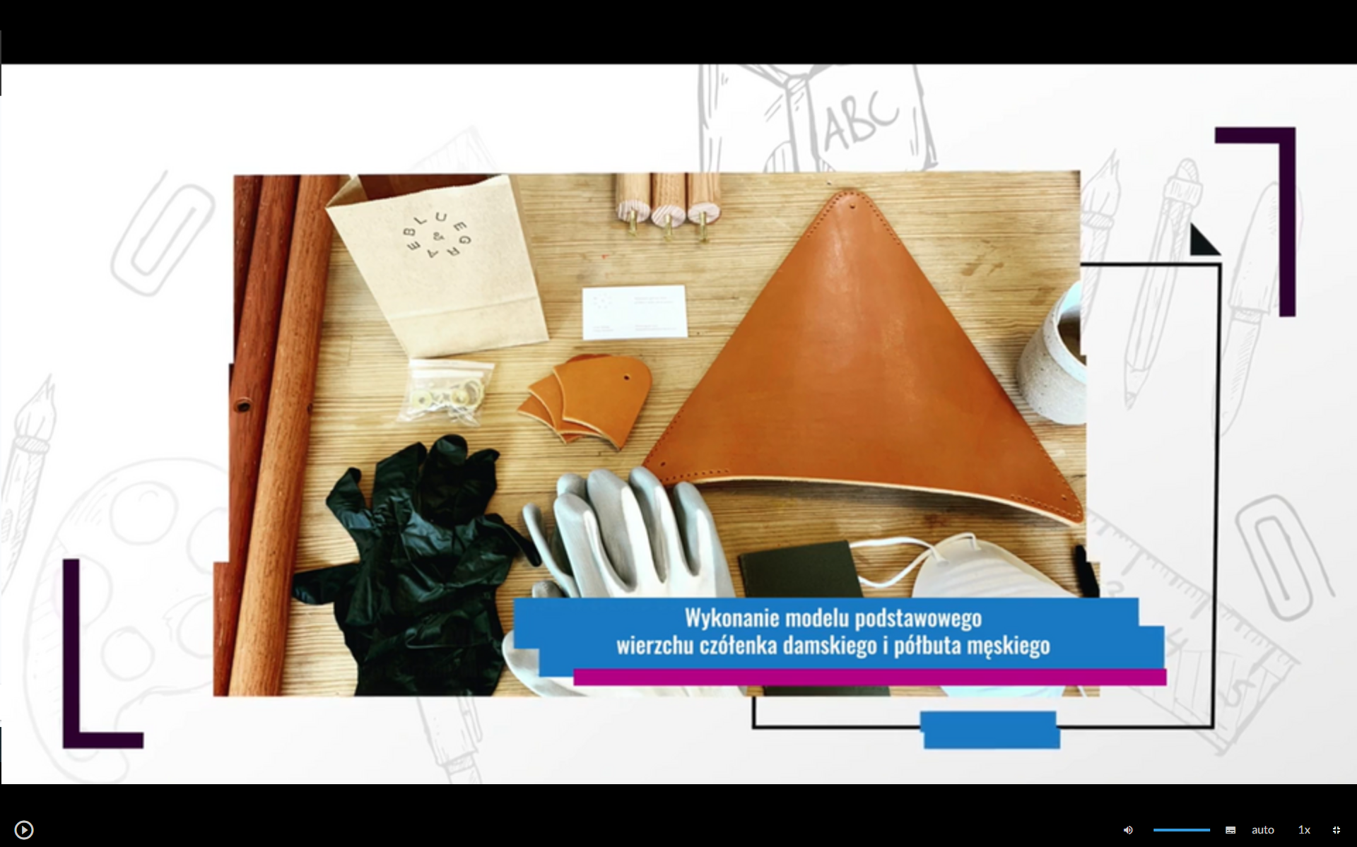 Grafika przedstawia ekran odtwarzacza sekwencji filmowych. W dolnej części tytuł: Wykonanie modelu podstawowego wierzchu czółenka damskiego i półbuta męskiego. W tle zdjęcie z wykrojami ze skór.  W dolnej części znajdują się ikony nawigacyjne. W lewym dolnym rogu jest ikona trójkąta w kole, która służy do włączenia/wyłączenia filmu. Pośrodku dolnej części znajduje się ikona głośnika, a obok niego jest niebieska linia regulacji poziomu głośności. Obok jest ikona przedstawiająca fragment sylwetki człowieka (głowa i górna część tułowia), która służy do włączenia audiodeskrypcji. Po prawej stronie głowy znajdują się dwa białe półkola - zewnętrzne większe, wewnętrzne mniejsze. Obok znajduje się biały prostokąt z czarnymi, małymi polami w dolnej części, który służy do włączenia napisów. Obok napis "auto", który służy do zmiany jakości odtwarzania filmu. Dalej na prawo napis: "jeden x". Służy on do zmiany tempa odtwarzania filmu. W prawym dolnym rogu białe, przerywane kontury kwadratu. Ikona ta służy do włączenia trybu pełnoekranowego. 