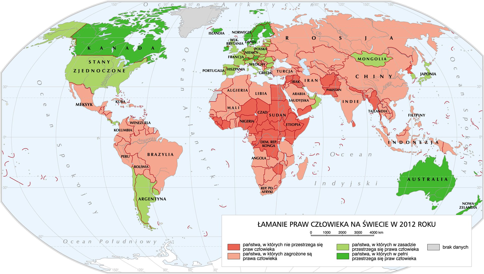 Na ilustracji znajduje się mapa ukazująca zjawisko łamania praw człowieka na świecie w 2012 roku.