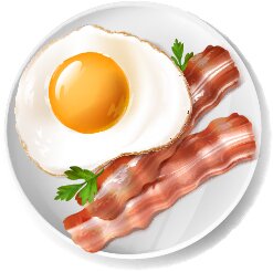 Grafika przedstawia przykładowy zestaw śniadaniowy. Widoczne jest białe koło obrazujące talerz, w które wpisane są dwa brązowo‑białe paski obrazujące boczek oraz jajko sadzone, spod którego wystają dwa zielone listki natki pietruszki.