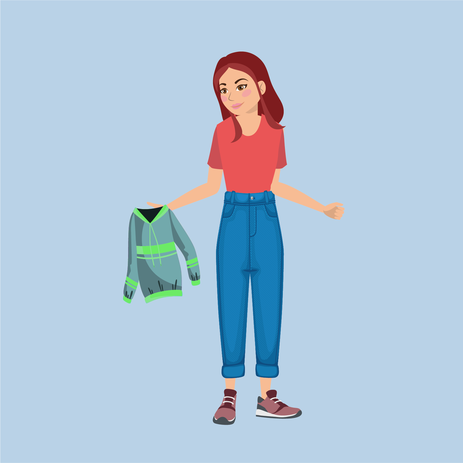 Ilustracja przedstawia mamę z rozłożonymi rękami. W dłoni trzyma zielony sweter.