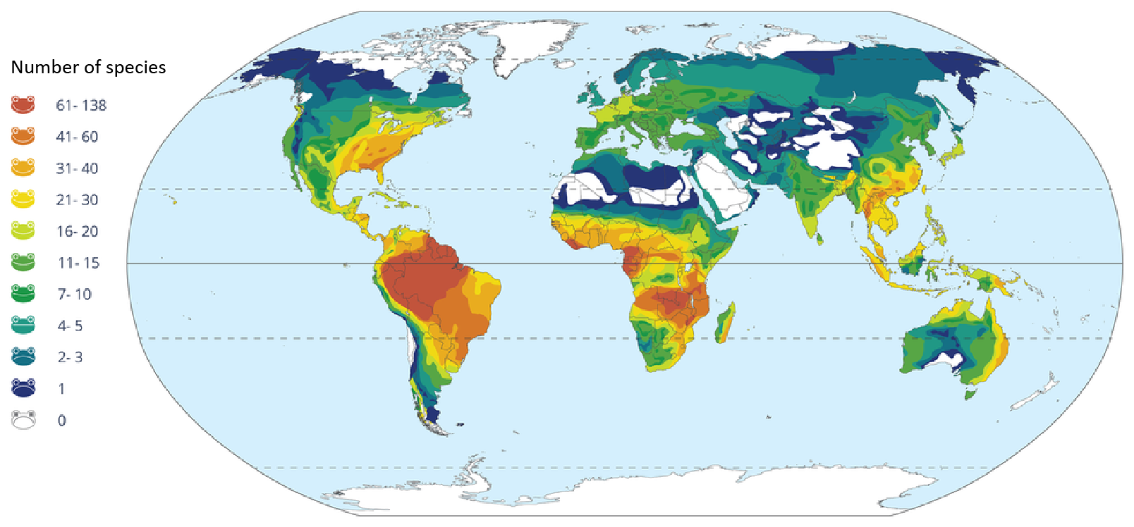Ilustracja przedstawia mapę świata. Na sylwetkach kontynentów kolorami oznaczono liczbę gatunków płazów zgodnie z legendą po lewej stronie. Schematyczne „buźki” płazów mają uśmiech tym większy, im więcej gatunków symbolizują. Od góry barwy symboli wskazują liczebność gatunków: od czerwonej (najwięcej) przez pomarańczową i żółtą, zielone, niebieskie, granatową do białej (brak płazów).