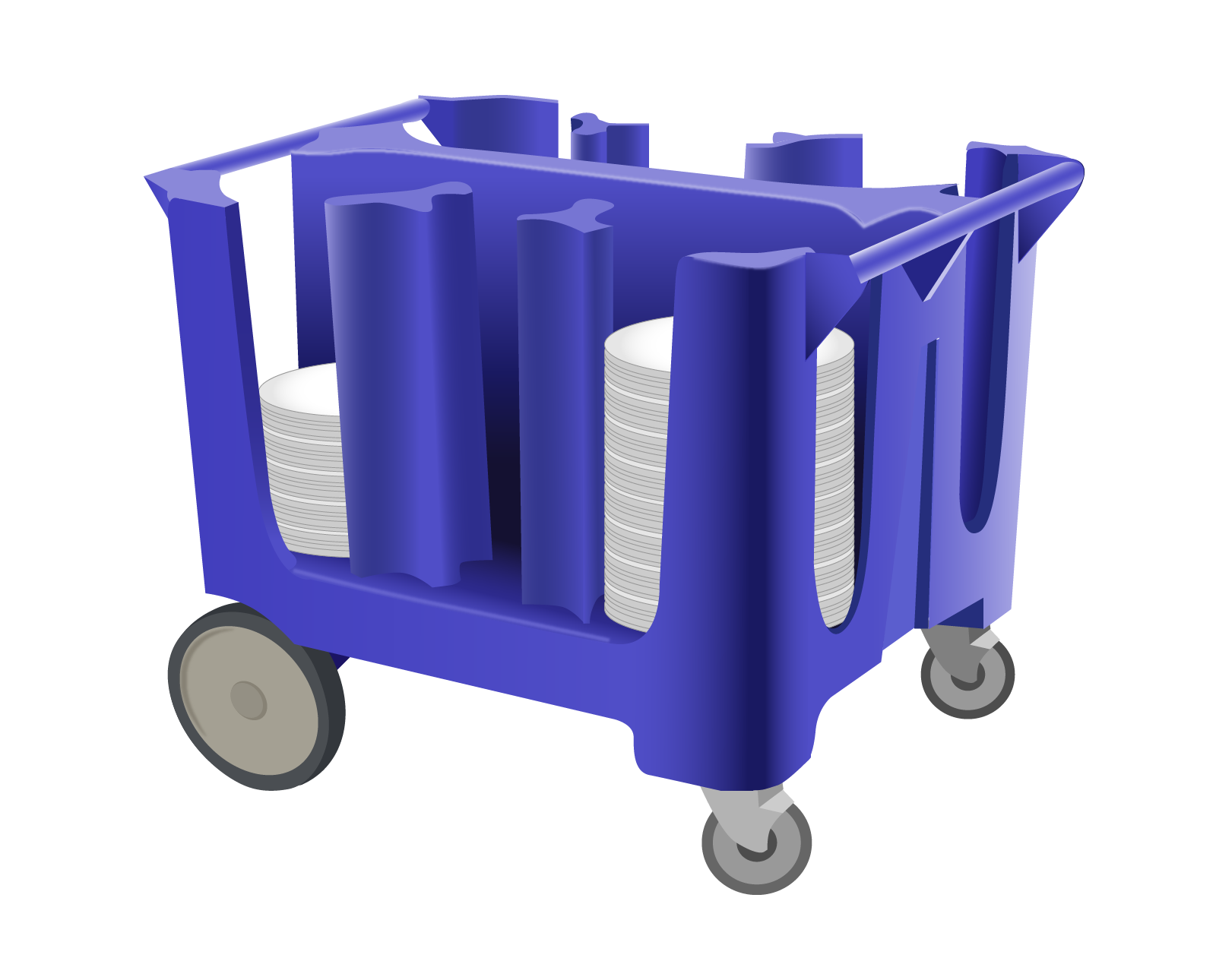 Grafika obrazuje fioletowy wózek transportowy ze specjalnymi wycięciami mającymi na celu stabilizację znajdujących się w nim talerzy.