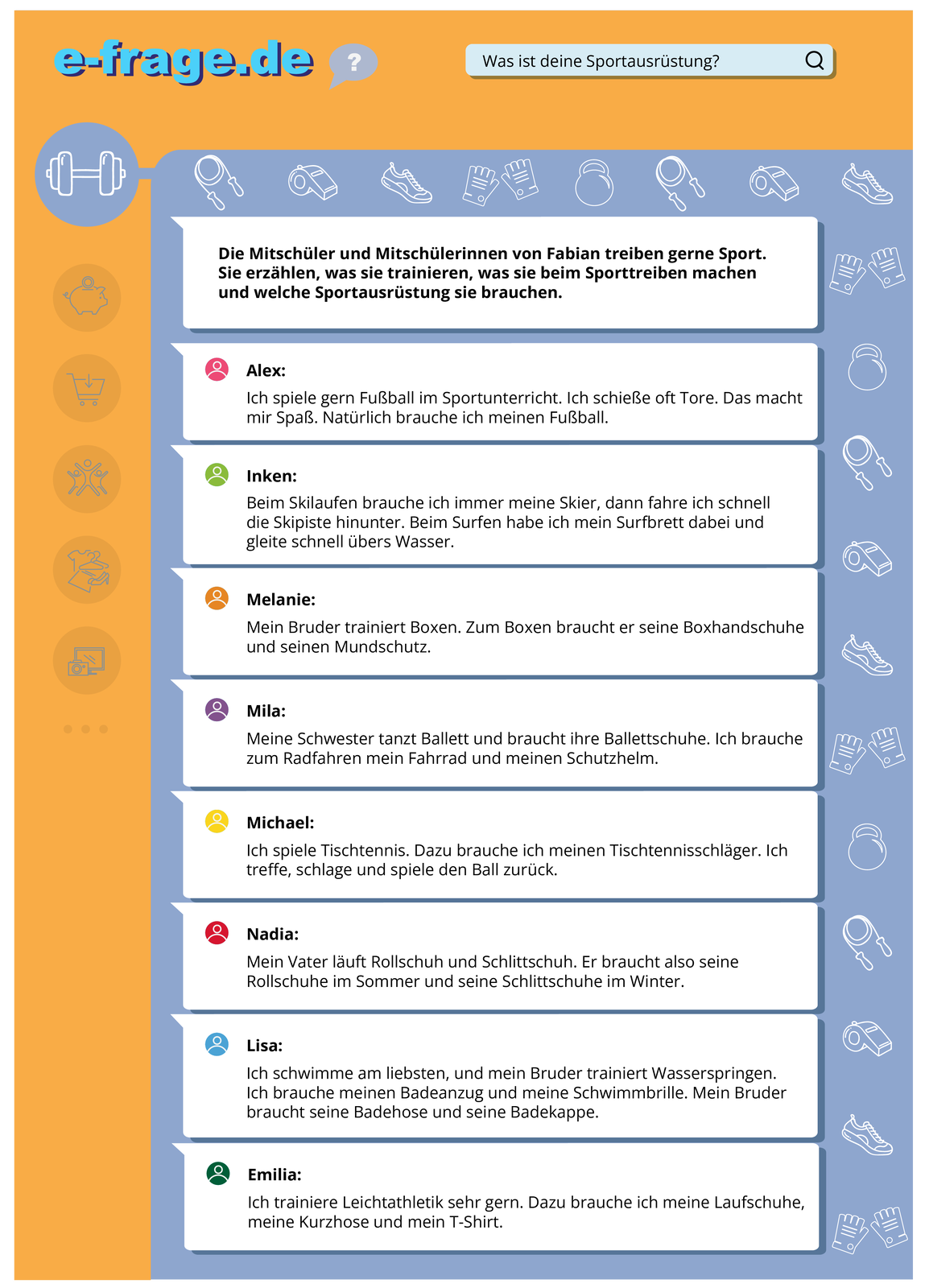 Ilustracja przedstawia komentarze na stronie e‑frage.de. Widoczne jest osiem komentarzy do wpisu od różnych osób. Wokół komentarzy widoczne są ikony: skakanki, gwiazdka, butów sportowych, rękawic sportowych i ciężarka 