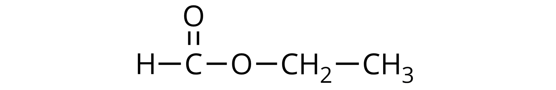 Ilustracja przedstawiająca cząsteczkę metanianu etylu (mrówczanu etylu), który to zbudowany jest z atomu wodoru połączonego z atomem węgla, który to łączy się za pomocą wiązania podwójnego z atomem tlenu oraz za pomocą wiązania pojedynczego z drugim atomem tlenu podstawionym grupą etylową CH2CH3.