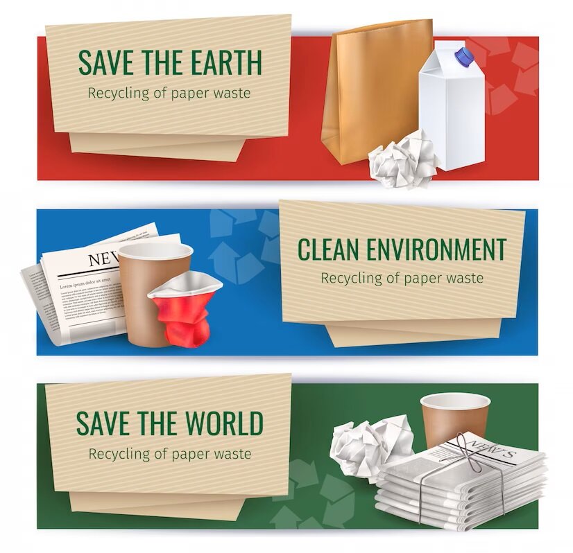 Ilustracja złożona jest z trzech grafik ułożonych w poziomie. Od góry widoczny jest czerwony prostokąt w poziomie, w którego prawy górny róg wpisany jest ekoznak. Na prostokąt po lewej stronie nałożona jest złożona torebka papierowa z napisem w języku angielskim SAVE THE EARTH Recycling of paper waste. Na prawo widoczne są papierowa torba, opakowanie po napoju oraz zmięta kula papieru. Poniżej widoczny jest niebieski prostokąt w poziomie, w który pośrodku wpisany jest ekoznak. Na prostokąt po lewej stronie wpisane są gazeta oraz jednorazowe kubki. Po prawej stronie nałożona jest złożona torebka papierowa z napisem w języku angielskim CLEAN ENVIRONMENT Recycling of paper waste. Poniżej widoczny jest zielony prostokąt w poziomie, w który pośrodku wpisany jest ekoznak. Na prostokąt po lewej stronie nałożona jest złożona torebka papierowa z napisem w języku angielskim SAVE THE EARTH Recycling of paper waste. Na prawo widoczny jest stos gazet, papierowy kubek jednorazowy oraz kula zgniecionego papieru.