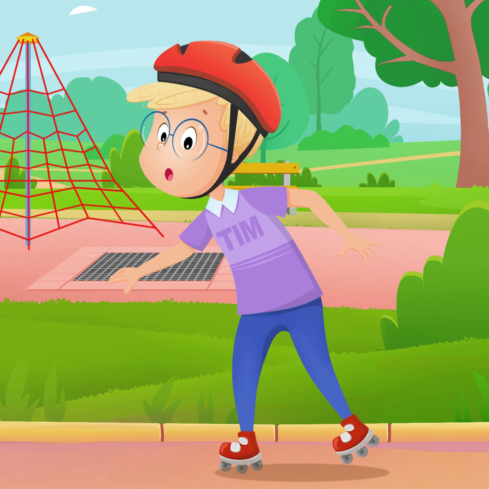 Ilustracja przedstawia Tima, który jeździ na rolkach.