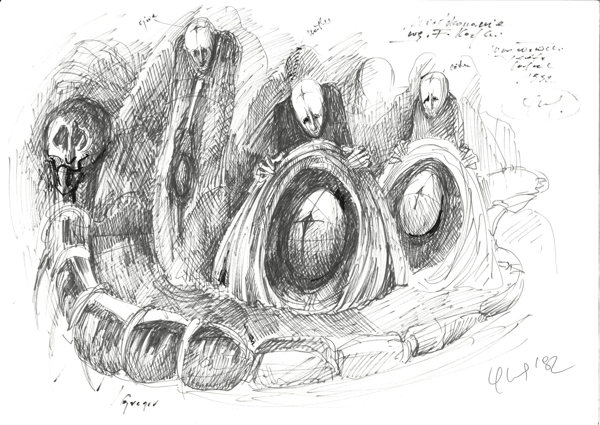 Ilustracja przedstawia szkic scenografii do spektaklu „Niedokonania” Jadwigi Mydlarskiej‑Kowal z 1992 roku. Szkic jest wykonany czarnym narzędziem pisarskim na białym tle. Znajduje się na nim kilka postaci. Z prawej strony nad postaciami są odręczne notatki. W prawym dolnym rogu znajduje się krótki napis, a z lewej strony pod szkicem jest napis  „Gregor”.