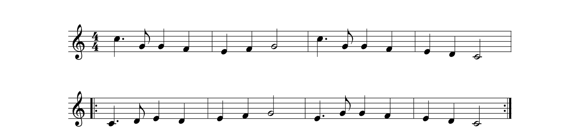 Zapis nutowy składa się z 2 pięciolinii - 8 taktów. Poszczególne dźwięki w zapisie to c2, g, g,f, e, f, g, c2, g, g, f, e, d, c. c,d,e,d,e,f,g,e,g,g,f,e,d,c.