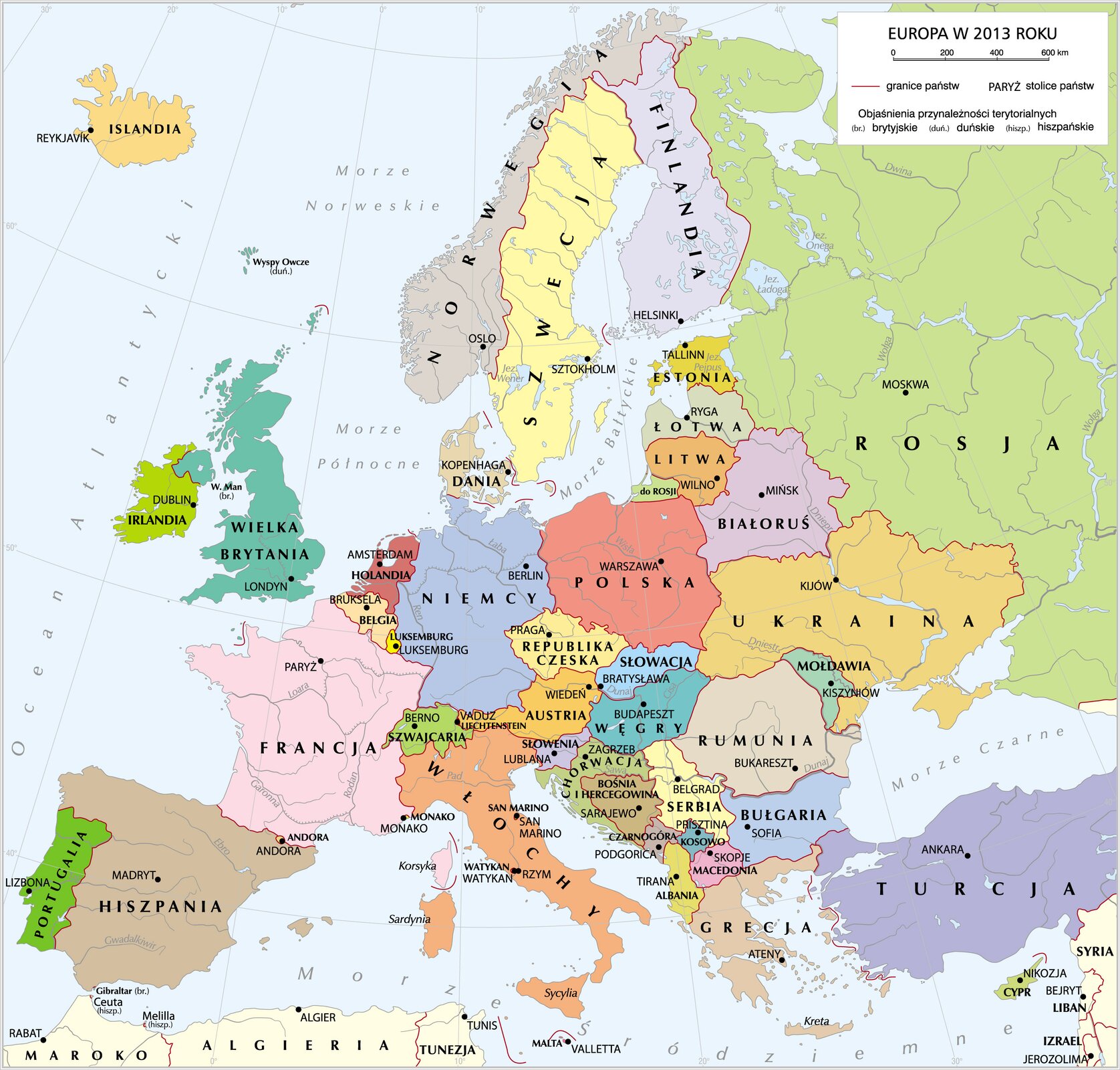Na ilustracji mapa współczesnej Europy. Na mapie zaznaczono terytoria i nazwy państw: Portugalia, Hiszpania, Francja, Wielka Brytania, Belgia, Holandia, Włochy, Niemcy, Dania, Polska, Czechy, Słowacja,, Węgry, Bułgaria, Rumunia, Słowenia, Serbia, Chorwacja, Bośnia i Hercegowina, Mołdawia, Grecja, Ukraina, Białoruś , Litwa, Łotwa, Estonia, Rosja, Mołdawia oraz kraje skandynawskie Norwegia, Szwecja, Finlandia.