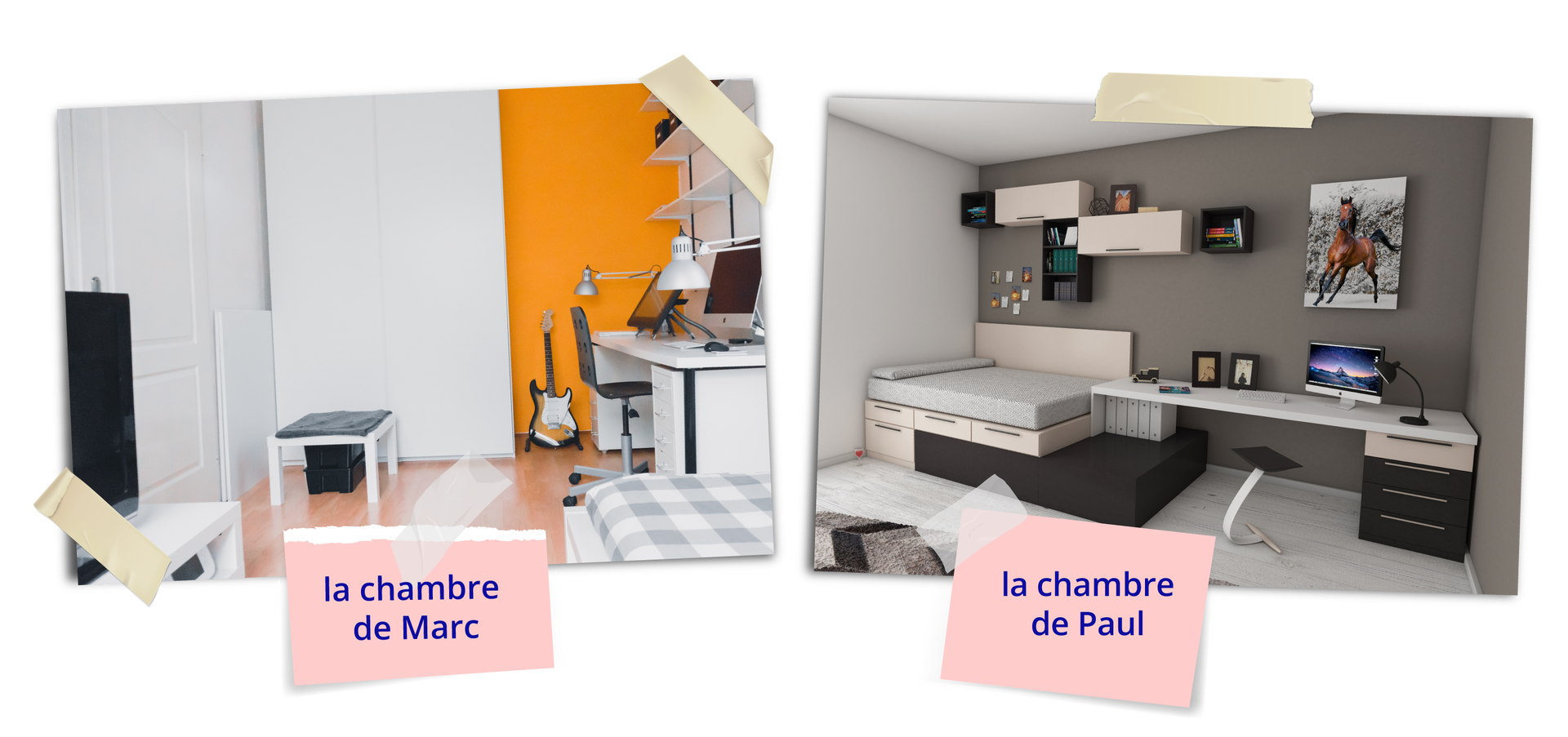 Zdjęcie przedstawia wnętrza dwóch sypialni. Po lewej ściany pomieszczenia mają kolor biały i pomarańczowy. Po lewej stronie znajdują się drzwi, naprzeciwko ściana z niskim stolikiem i gitara elektryczna, a z prawej strony białe biurko z laptopem i łóżko z narzutą w biało‑szarą kratę. Fotografia podpisana jest la chambre de Marc . Po prawej stronie widać sypialnię w kolorze biało‑szarym. Wzdłuż ściany postawiona jest meblościanka składająca się z długiego biurka i łóżka umieszczonego na podeście z szufladami. Nad nią wiszą półki i szafki oraz obraz z brązowym, galopującym koniem. Pod fotografią znajduje się napis: la chambre de Paul.