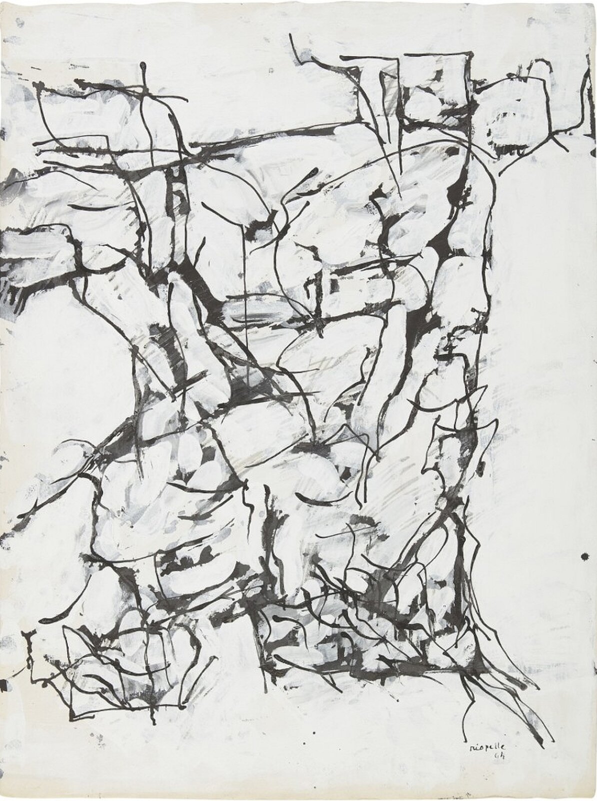 Nienazwana praca Jean‑Paul Riopelle to rysunek, który został wykonany w stylu abstrakcyjnym i przypomina fragment muru wykonanego z kamieni. Rysunek charakteryzuje się zróżnicowaną linią o różnej grubości, intensywności oraz różnej głębi szarości. Linie składają się na kompozycję przedstawiającą zarys kamieni, a częstotliwość ich położenia jest wzmożona u dołu pracy, imitując mniejsze kamienie o bardziej intensywnej strukturze. 