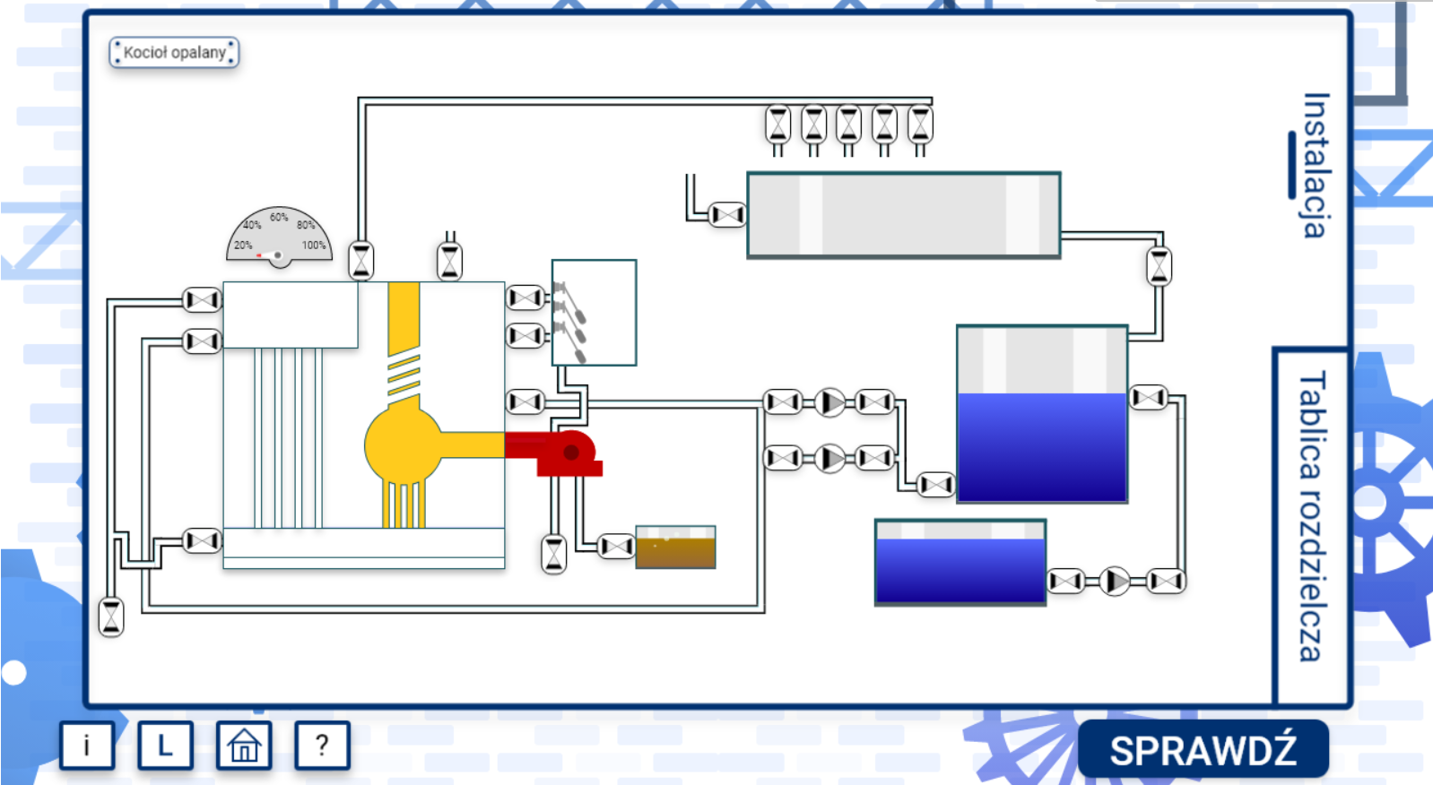 Grafika przedstawia przykładowy ekran instalacji symulatora. Widoczna jest na nim instalacja składająca się z rur, zaworów, zbiorników i kotła.