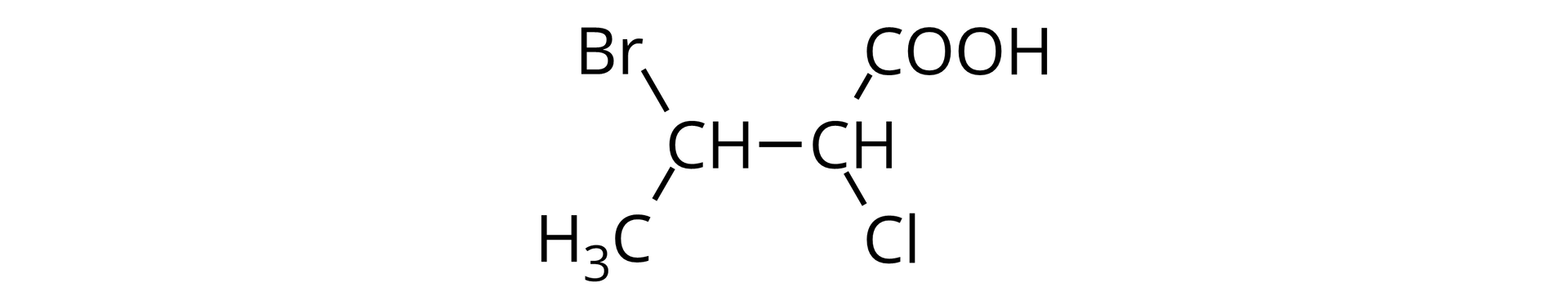 Ilustracja przedstawiająca wzór kwasu karboksylowego zbudowanego z grupy metylowej CH3 związanej z grupą CH podstawioną atomem bromu Br oraz drugą grupą CH związaną z atomem chloru Cl oraz grupą karboksylową COOH.