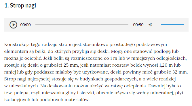 Zdjęcie przedstawia przykładowy wygląd opisu. Na górze znajduje się tytuł, poniżej odtwarzacz audio umożliwiający odsłuchanie opisu, a poniżej odtwarzacza opis właściwy.