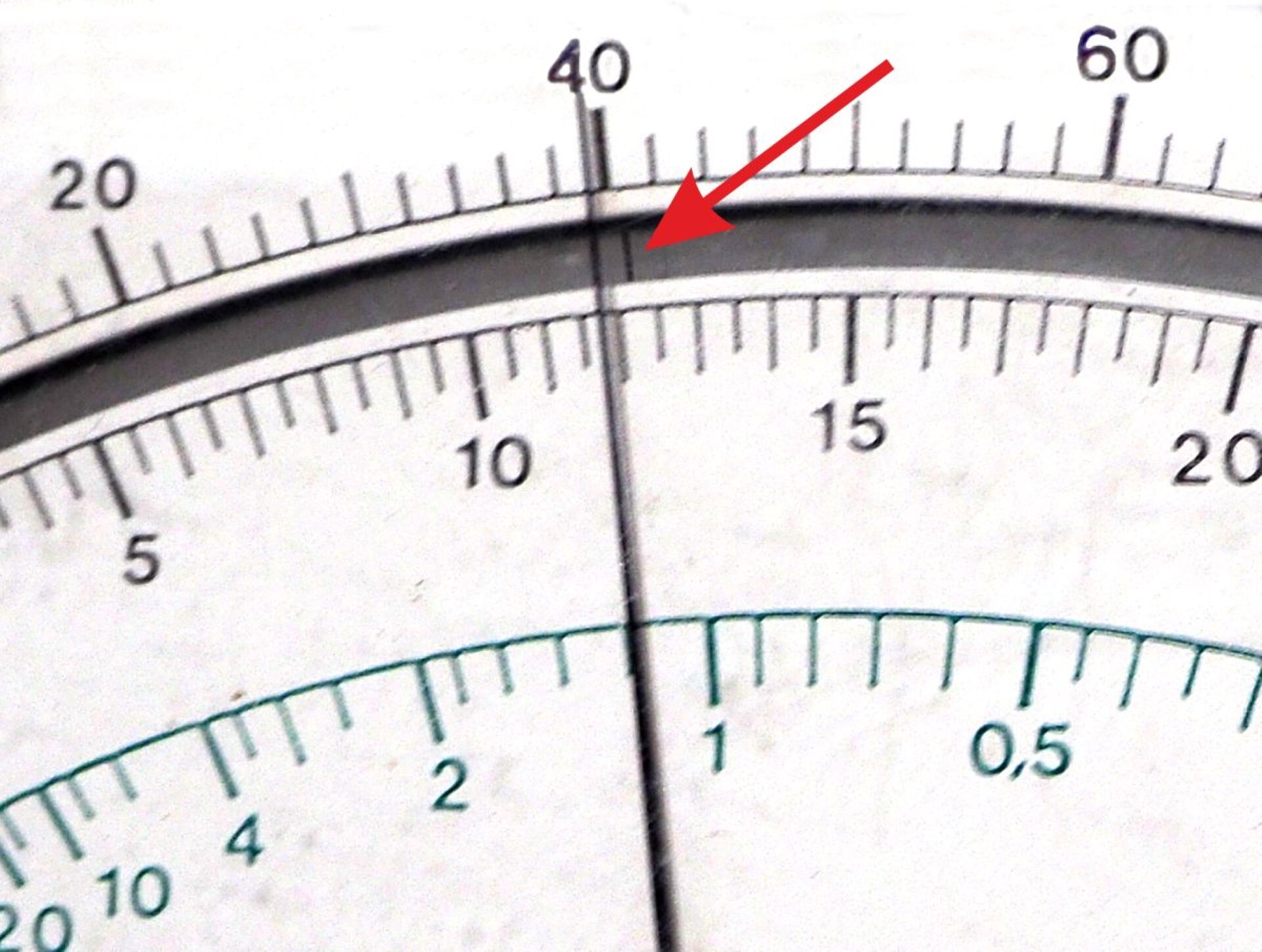 Rys. 2. Zdjęcie przedstawia tarczę multimetru analogowego. Multimetr analogowy to urządzenie pomiarowe, służące do pomiarów parametrów elektrycznych, takich jak napięcie i natężenie prądu elektrycznego oraz rezystancja. Na zdjęciu fragmentu białej tarczy widnieją trzy półokrągłe skale jedna pod drugą. Dwie górne skale są zaznaczone czarnym kolorem, a dolna ma kolor zielony. Na najwyższej skali widoczna jest podziałka, na której zaznaczono wartości od dwudziestu do sześćdziesięciu, co dwa. Na środkowej skali zaznaczono wartości od pięciu do dwudziestu, co pięć dziesiątych. Na dolnej skali widoczna jest skala logarytmiczna, na której wartości rosną w lewą stronę, odwrotnie do noniuszy widocznych na górnych skalach. Zaznaczono na niej wartości od dwudziestu do pięciu dziesiątych. Na tarczy multimetru widoczna jest czarna cienka wskazówka, wychylająca się proporcjonalnie do mierzonej wielkości fizycznej. Wskazówka na górnej skali umiejscowiona jest blisko wartości równej czterdzieści, ale nieco mniej niż czterdzieści. Pod skalą widoczny jest szary łuk, równoległy do podziałki, w którym odbija się wskazówka. Jej odbicie pokazuje wynik odrobinę większy od czterdziestu, na który wskazuje czerwona strzałka pomocnicza (dorysowana na zdjęciu). W tej sytuacji mamy do czynienia z błędem paralaksy, czyli nieprawidłowym odczytem wartości, wynikającym z nieodpowiedniego spojrzenia na skalę. Używając mierników analogowych, gdzie odczyt wyniku to określenie pozycji na przykład wychylenia wskazówki, należy pamiętać, aby na urządzenie patrzeć z kierunku prostopadłego do wskaźnika. Wskazówka i jej odbicie powinny pokrywać się. Dzięki temu można uniknąć przekłamania odczytu wartości wskazywanej przez rzut wskazówki na noniusz. Im większa jest różnica kąta, pod którym widoczna jest wskazówka od kierunku prostopadłego względem tarczy, z której odczytywana jest wartość, tym większy błąd zostaje popełniony.