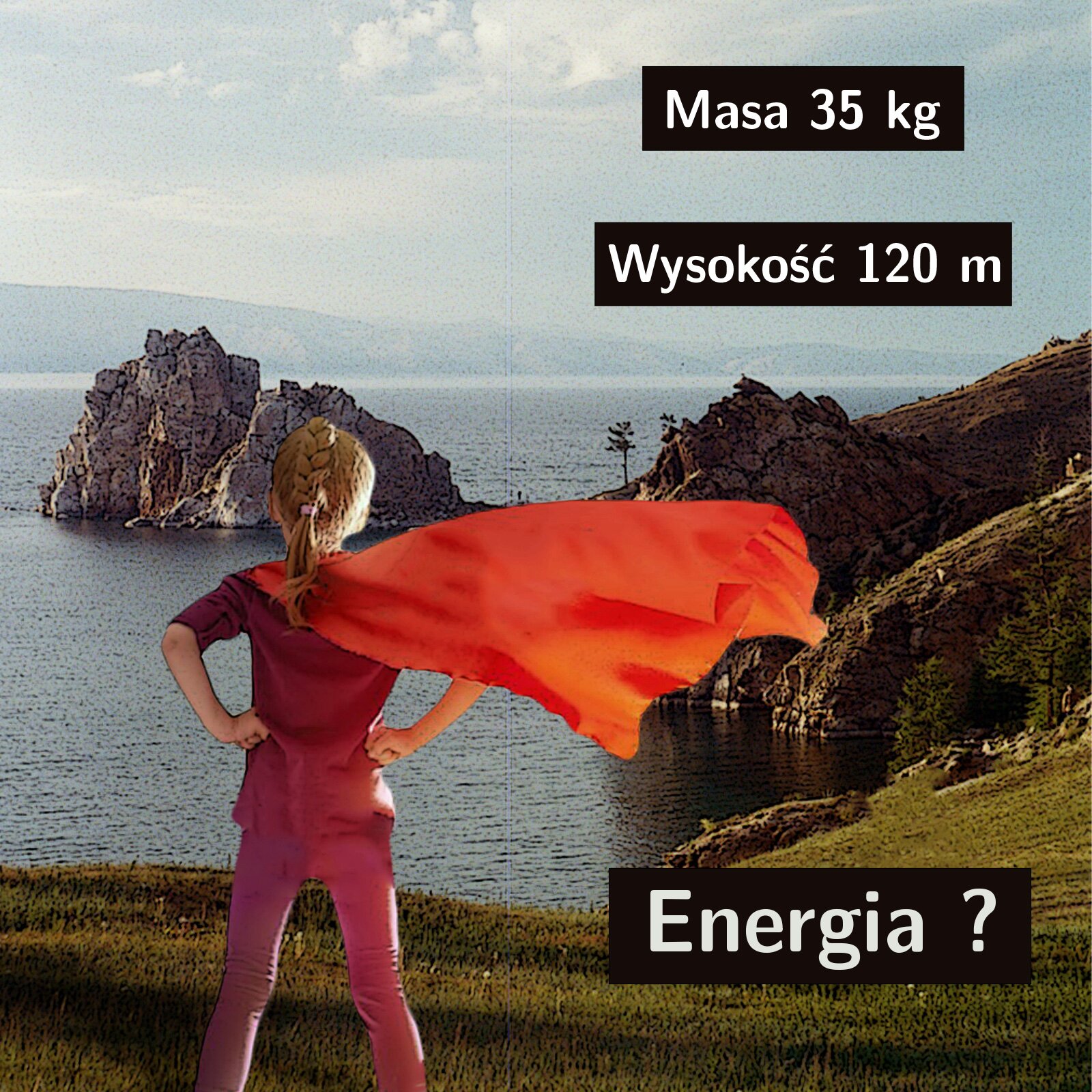 Fotografia przedstawia dziewczynkę w pomarańczowej pelerynie, spoglądającą ku morzu, usianemu skałami. Obok dziewczynki są trzy ramki z napisami: masa trzydzieści pięć kilogramów, wysokość sto dwadzieścia metrów, energia znak zapytania.
