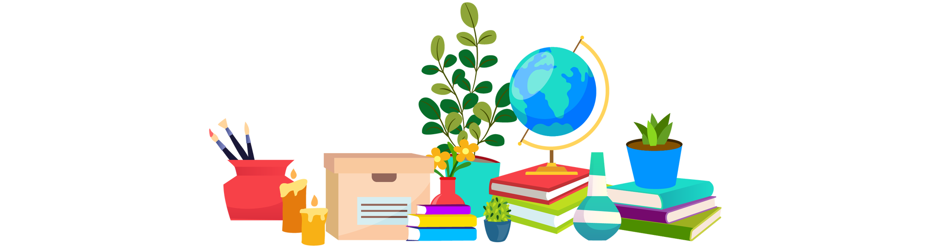 Ilustracja przedstawia różne przedmioty ustawione blisko siebie. Po lewej stronie znajduje się pękaty czerwony wazon z trzema pędzlami. Obok stoją dwie zapalone pomarańczowe świece. Dalej na prawo jest beżowe pudełko z pokrywką. Na środku są trzy książki ułożone jedna na drugiej. Pierwsza ma fioletową okładkę, druga żółtą, a trzecia niebieską. Za nimi widać dwa pomarańczowe kwiatki w czerwonym wazonie oraz dużą zieloną roślinę w turkusowej donicy. Dalej na prawo stoi mała zielona roślina w granatowej donicy. Obok są dwie książki ułożone jedna na drugiej. Pierwsza ma czerwoną okładkę, a druga jasnozieloną. Ustawiono na nich globus. Na globusie lądy zaznaczono na zielono, a wody na niebiesko. Przy książkach stoi wysoki wazon w biało‑turkusowe pasy. Po prawej stronie ilustracji są trzy książki ułożone jedna na drugiej. Pierwsza ma turkusową okładkę, druga fioletową, a trzecia zieloną. Na książkach stoi niewielka zielona roślina w niebieskiej donicy.