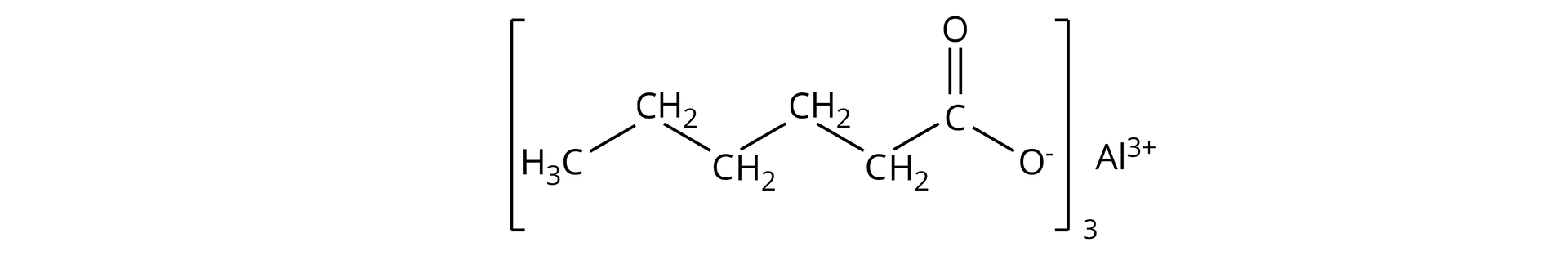 Ilustracja przedstawiająca wzór półstrukturalny heksanianu glinu o strukturze kation glinu Al3+ kompensowany przez trzy aniony o strukturze grupa CH3 związana z grupą CH2, która to łączy się z kolejną grupą CH2, ta z następną i jeszcze jedną, w sumie cztery grupy CH2</maatomem węgla połączonym za pomocą wiązania podwójnego z atomem tlenu oraz za pomocą wiązania pojedynczego z atomem tlenu obdarzonym ładunkiem ujemnym. Anion heksanianowy znajduje się w nawiasie kwadratowym, względem którego w indeksie dolnym znajduje się trzy.